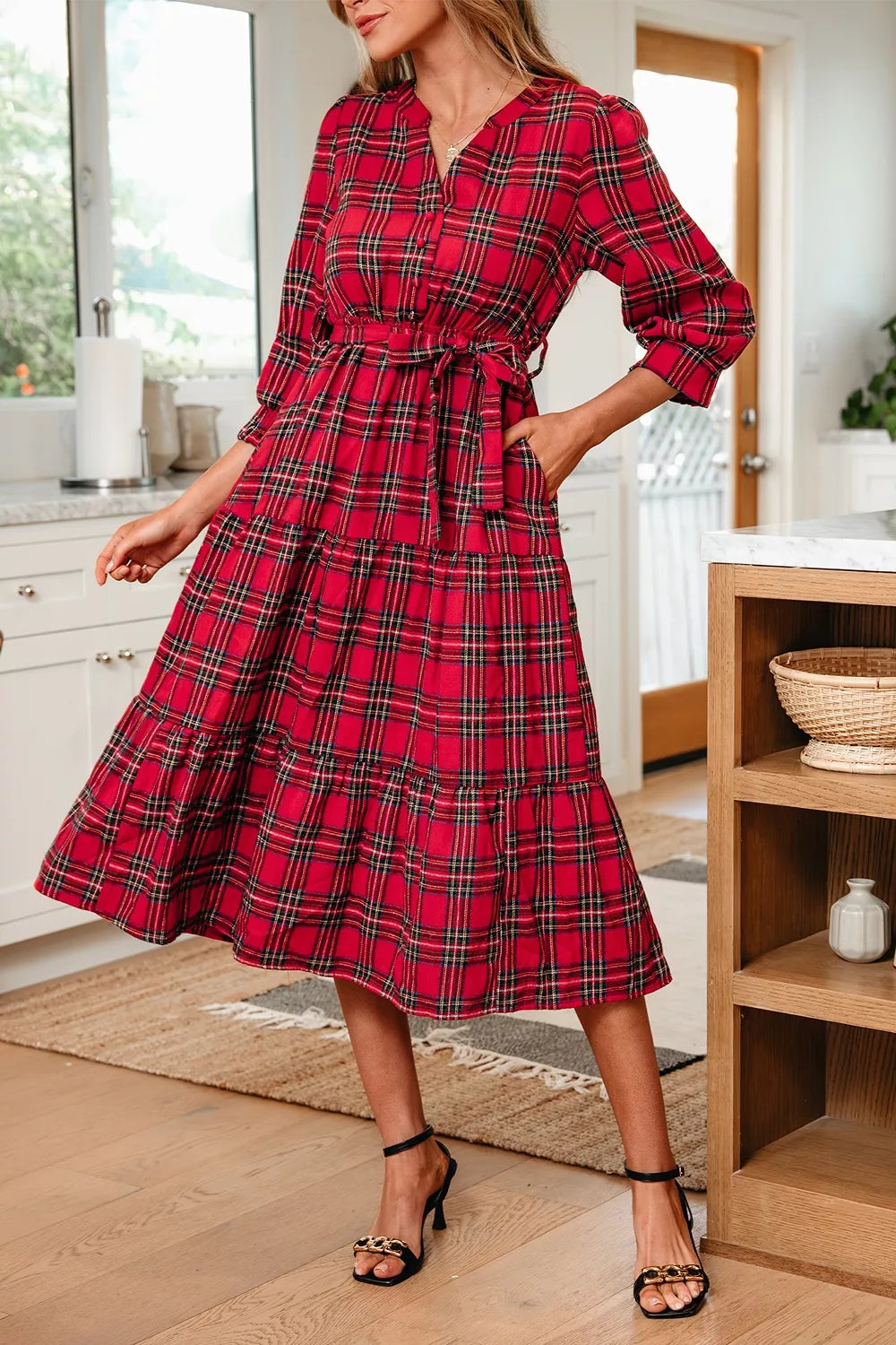 Trendsi Christmas Plaid V Neck 3/4 Sleeve Tie Waist Ruffle Hem Midi Dress -