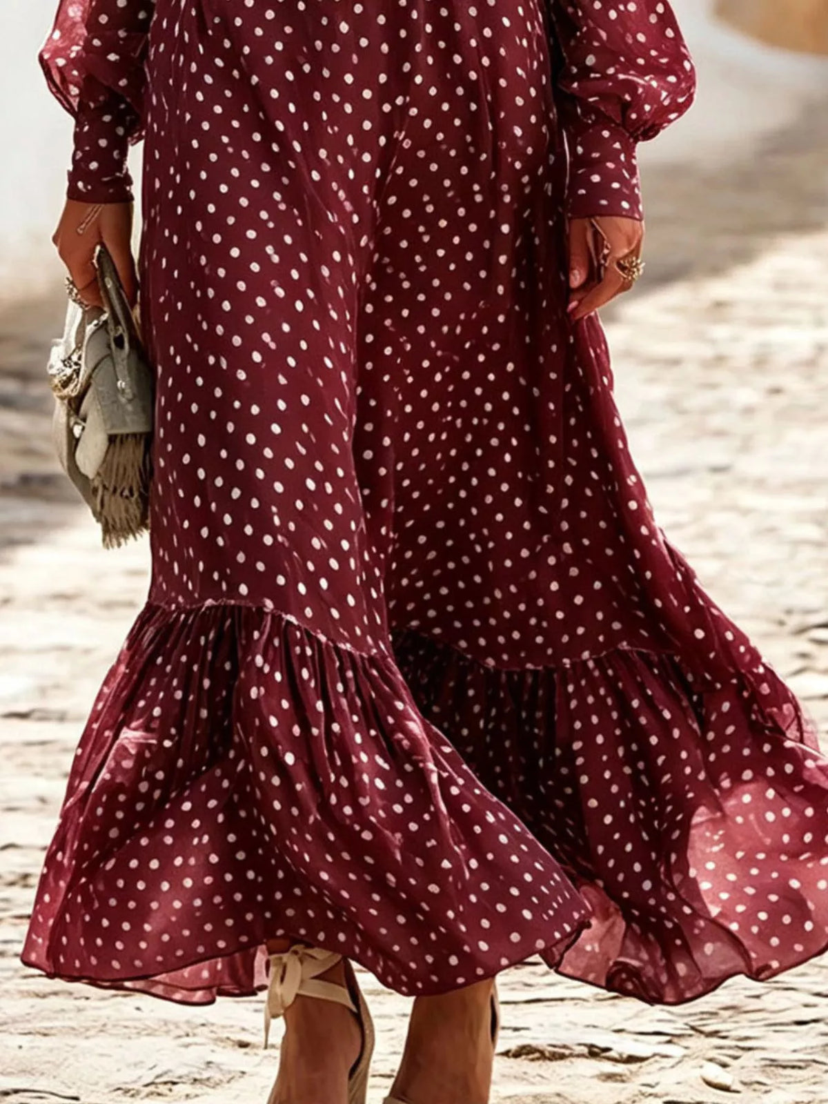 Polka-dot ruffle v-neck maxi dress