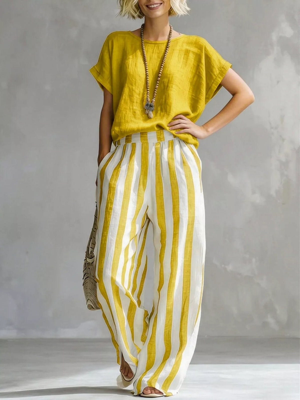 Yellow short sleeve top and wide-leg pants set — front view