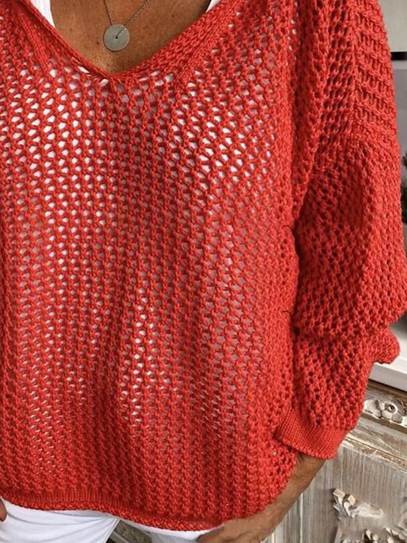 Trendsi Openwork Long Sleeve Hooded Knit Cover Up -