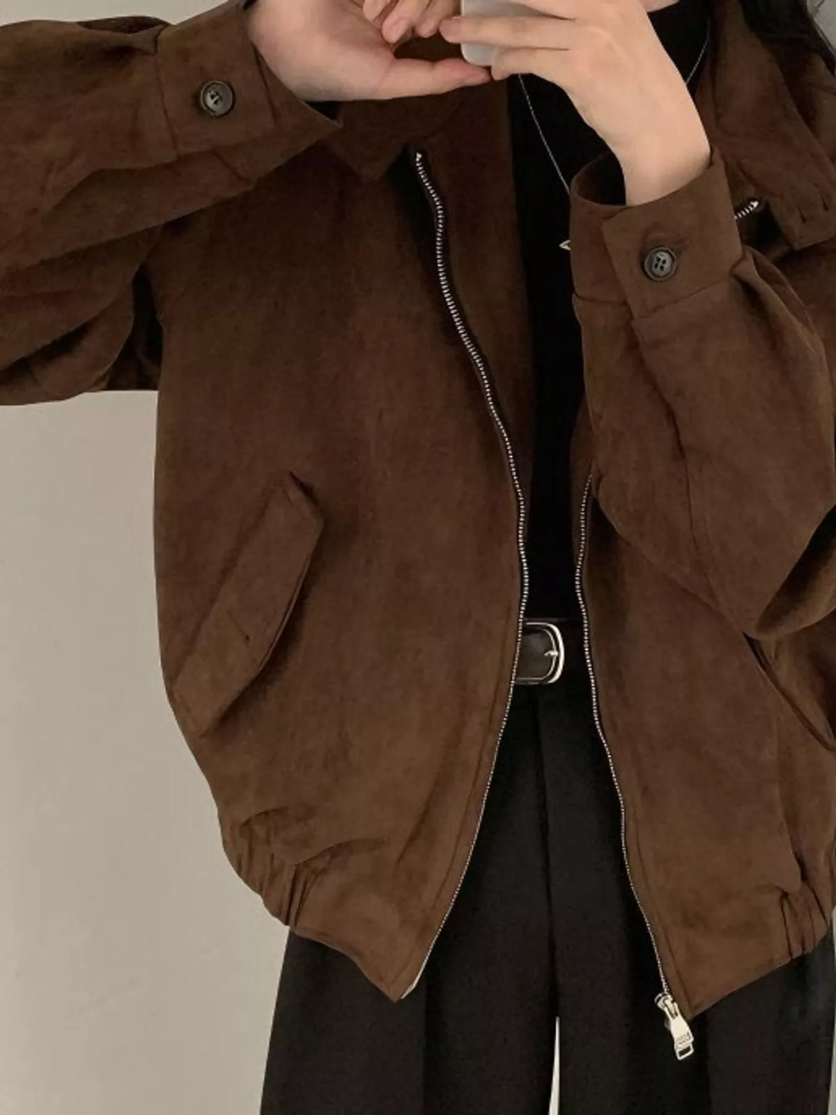Stand-collar jacket, brown zipper detail