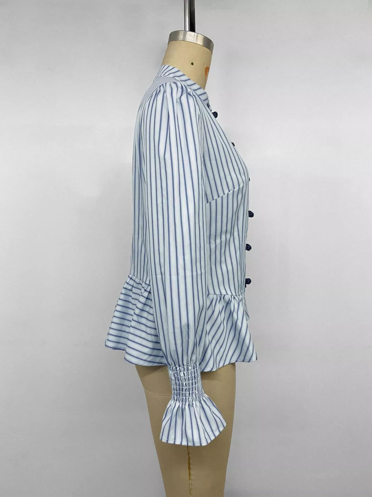Trendsi Striped Mandarin Knot Buttons Peplum Hem Shirt -