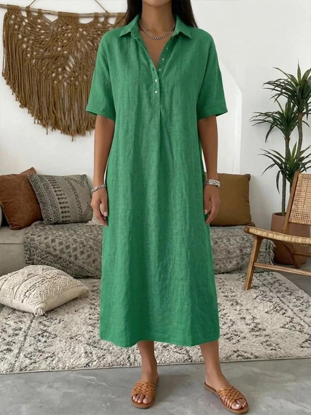 Green Button-Front Short Sleeve Midi Shirt Dress front view