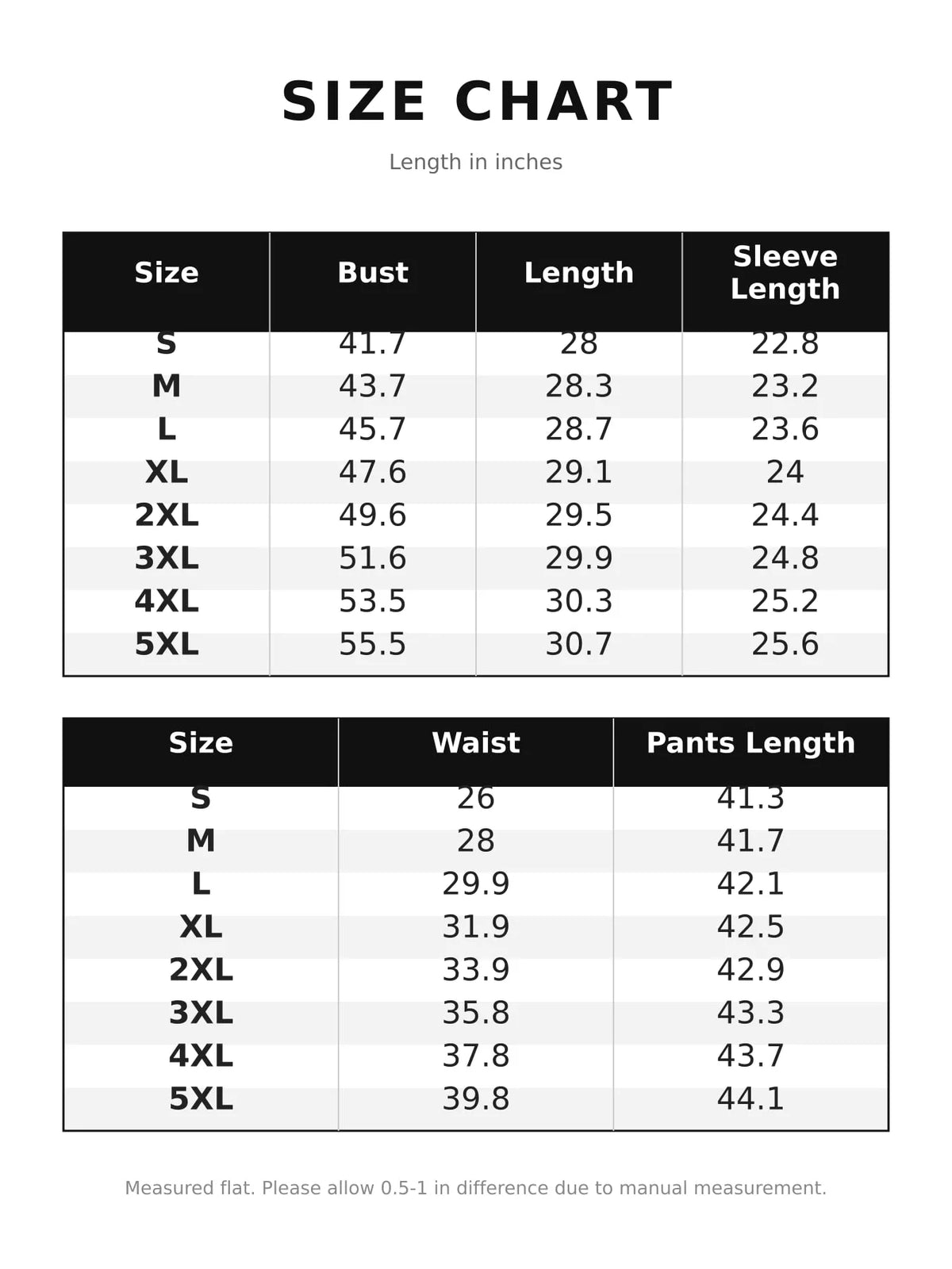 Set with Side Stripe Detail — size and measurement chart