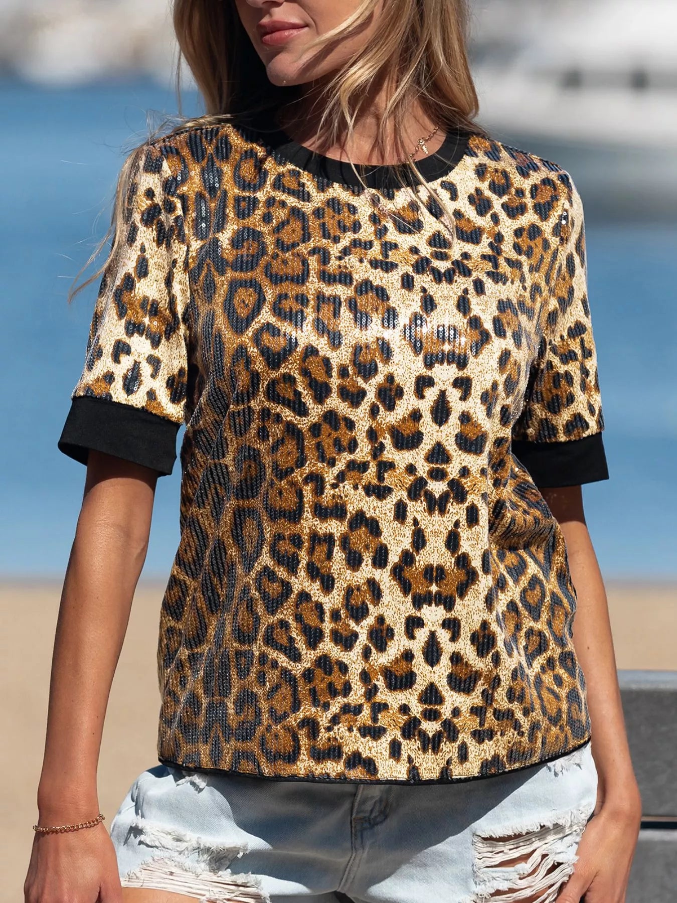 Trendsi Sequin Leopard Pattern Short Sleeve Top -