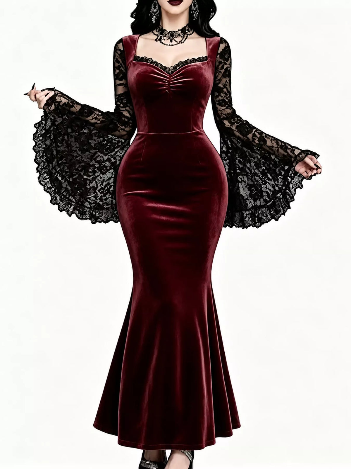 Burgundy lace flare sleeve maxi dress — front view