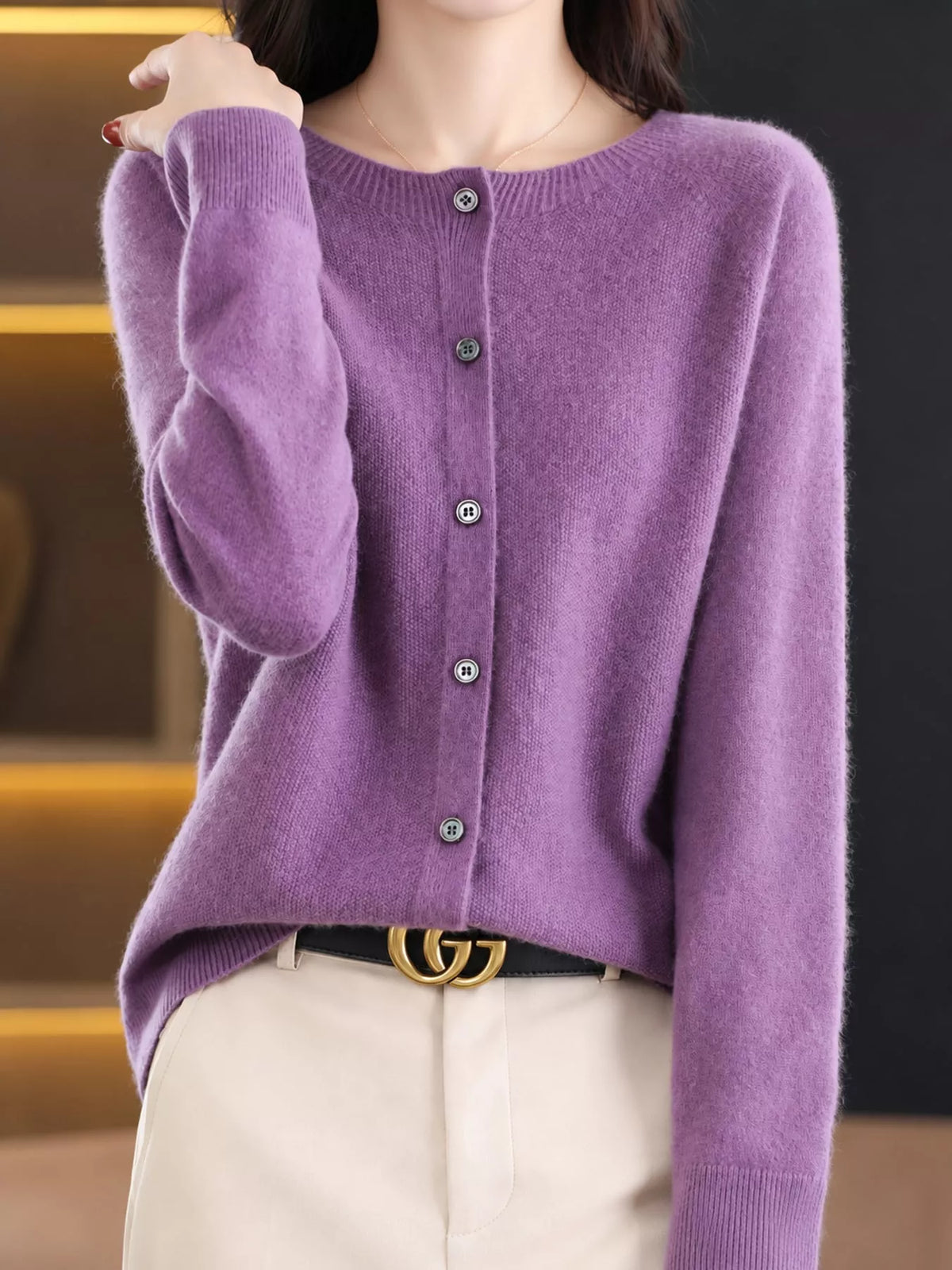 Round neck long sleeve cardigan, front view on model