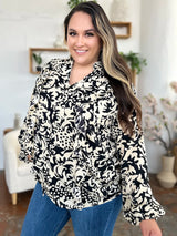 Trendsi Double Take Full Size Printed Ruffle Trim Balloon Sleeve Shirt -