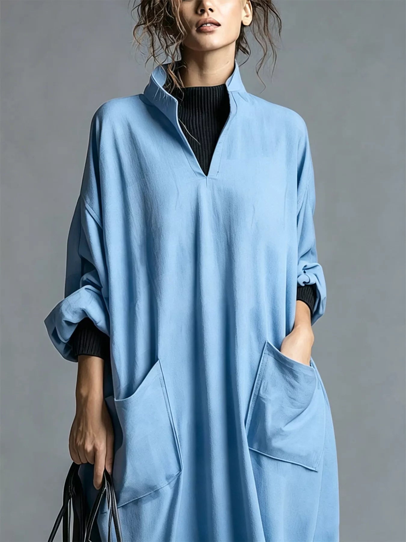 Trendsi Full Size Loose-Fit Mock Neck Midi Dress with Pockets Plus Size -