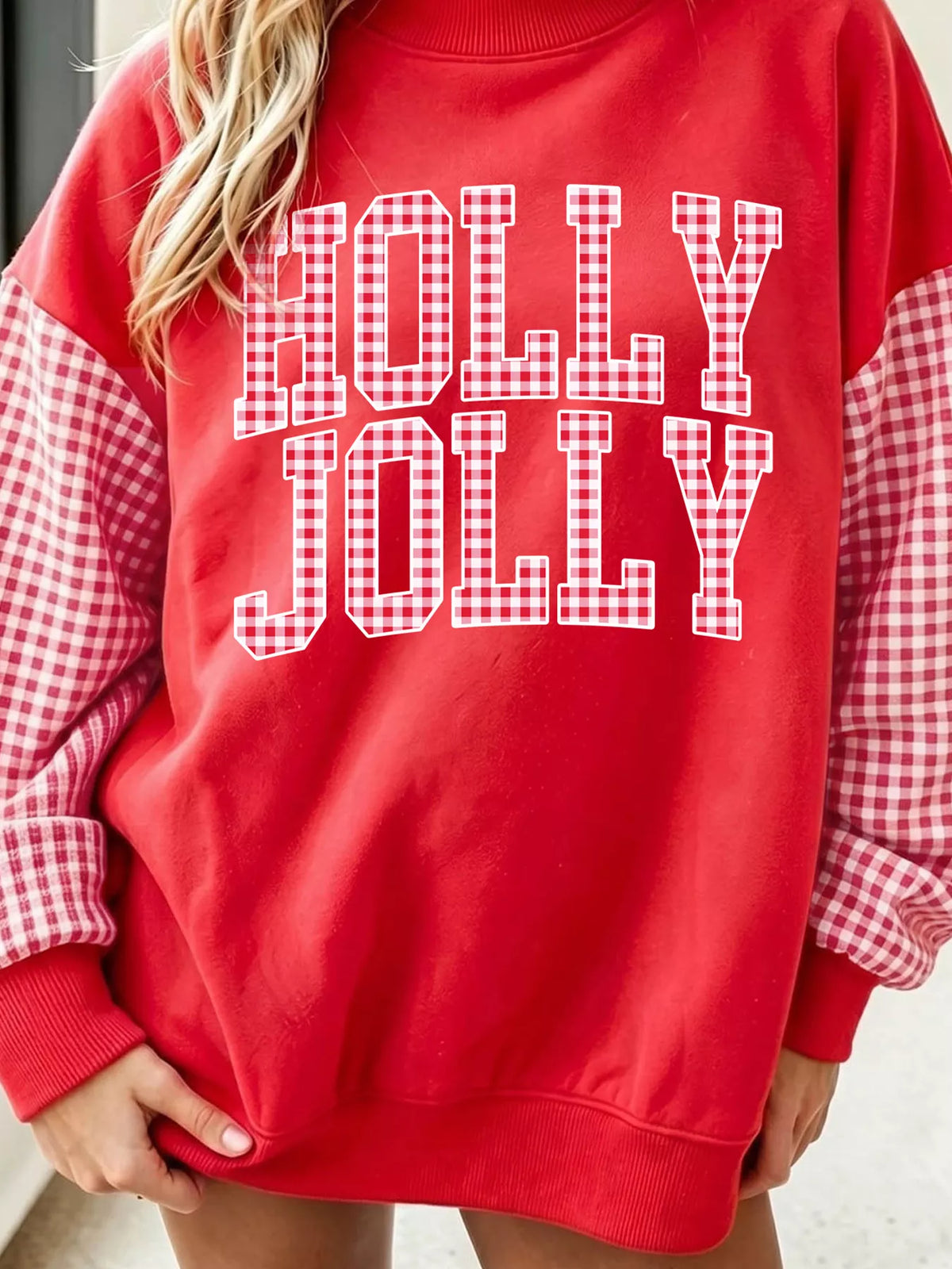 Scarlet christmas slogan plaid sleeve sweatshirt