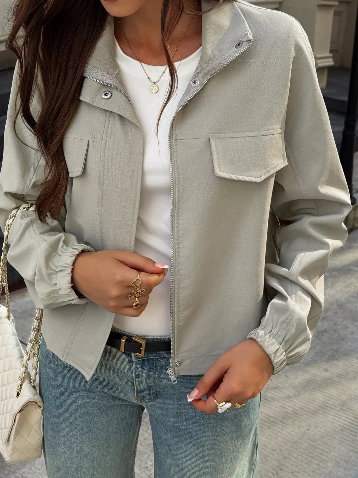 Stand Collar Zip Up Jacket in gray, front view