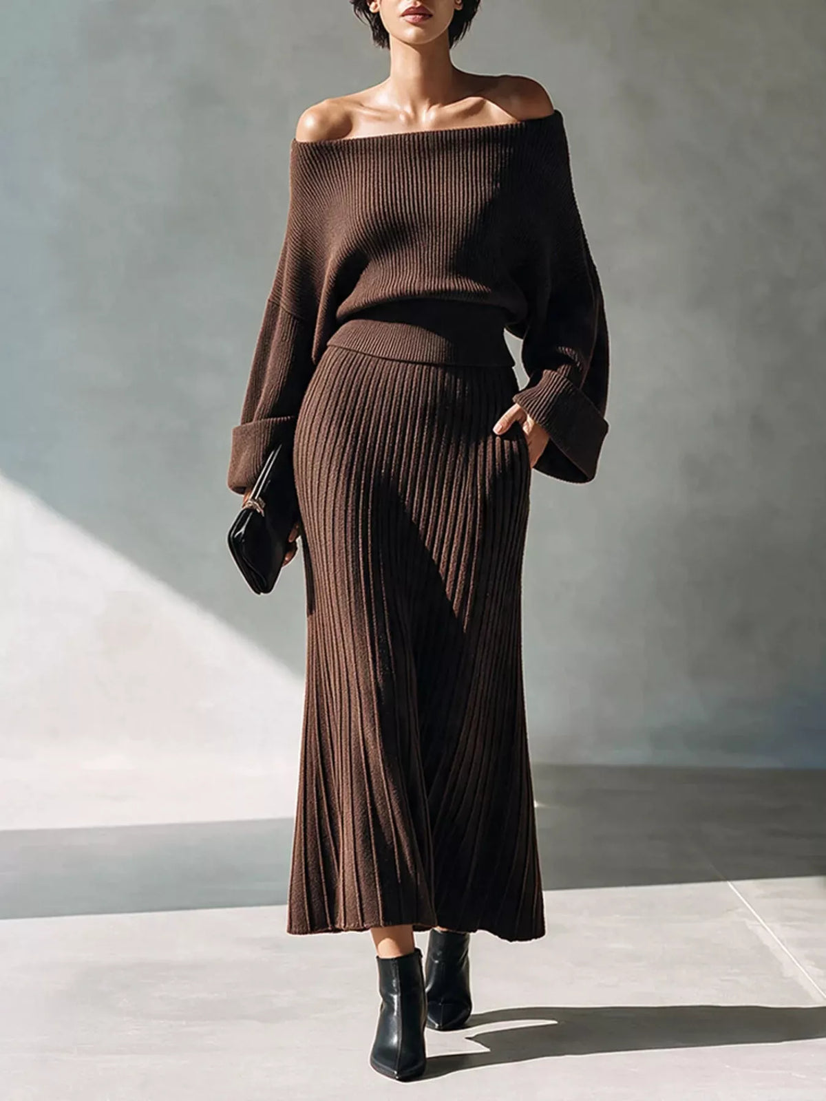 Off-Shoulder Ribbed Top and Skirt Set, front view