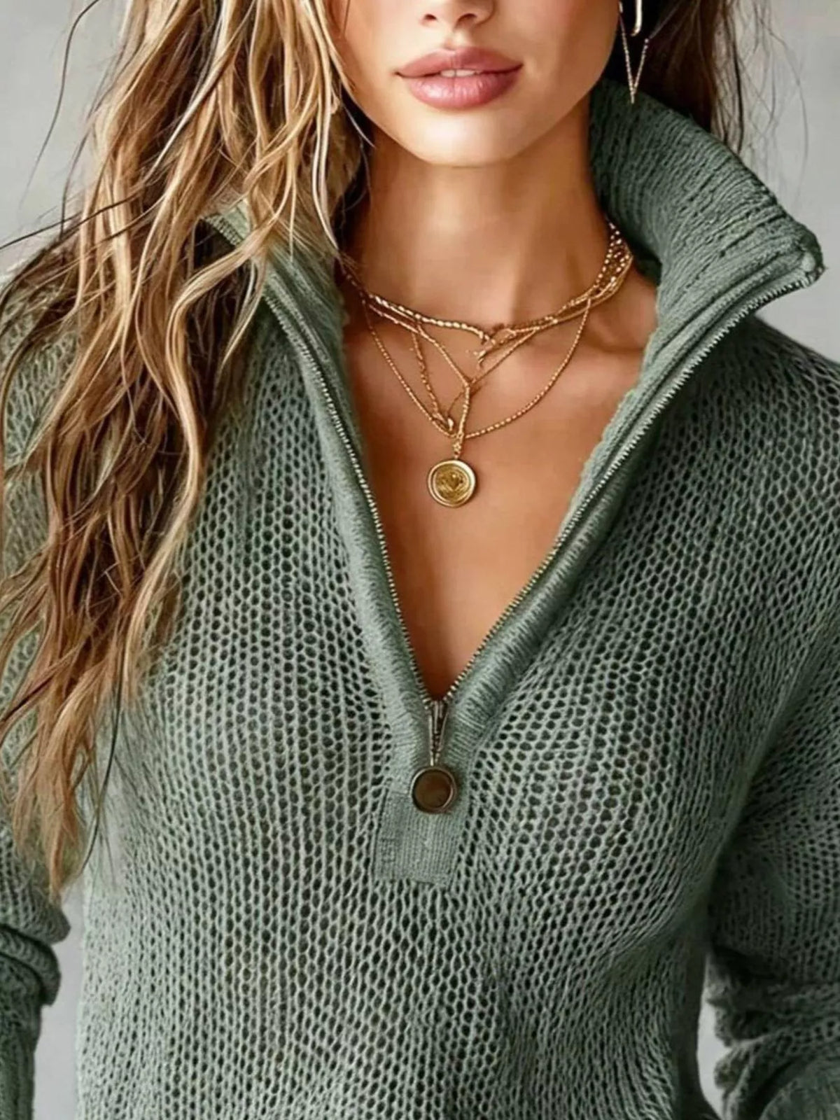 Half-Zip Dropped Shoulder Sweater in green, neckline detail