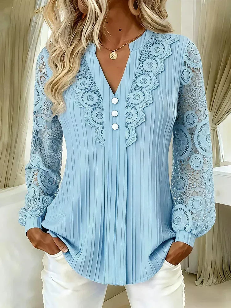 Trendsi Lace Long Sleeve Notched Blouse -