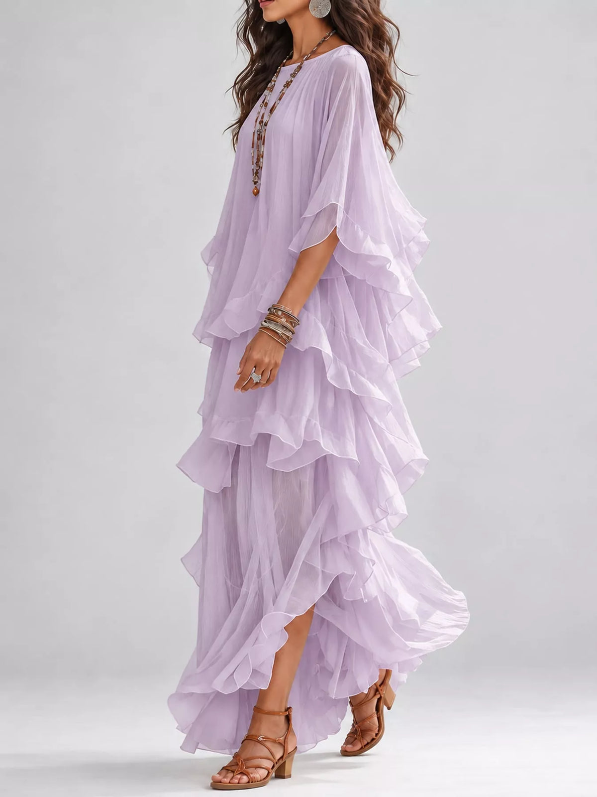 Purple ruffled layered bohemian maxi dress, side view