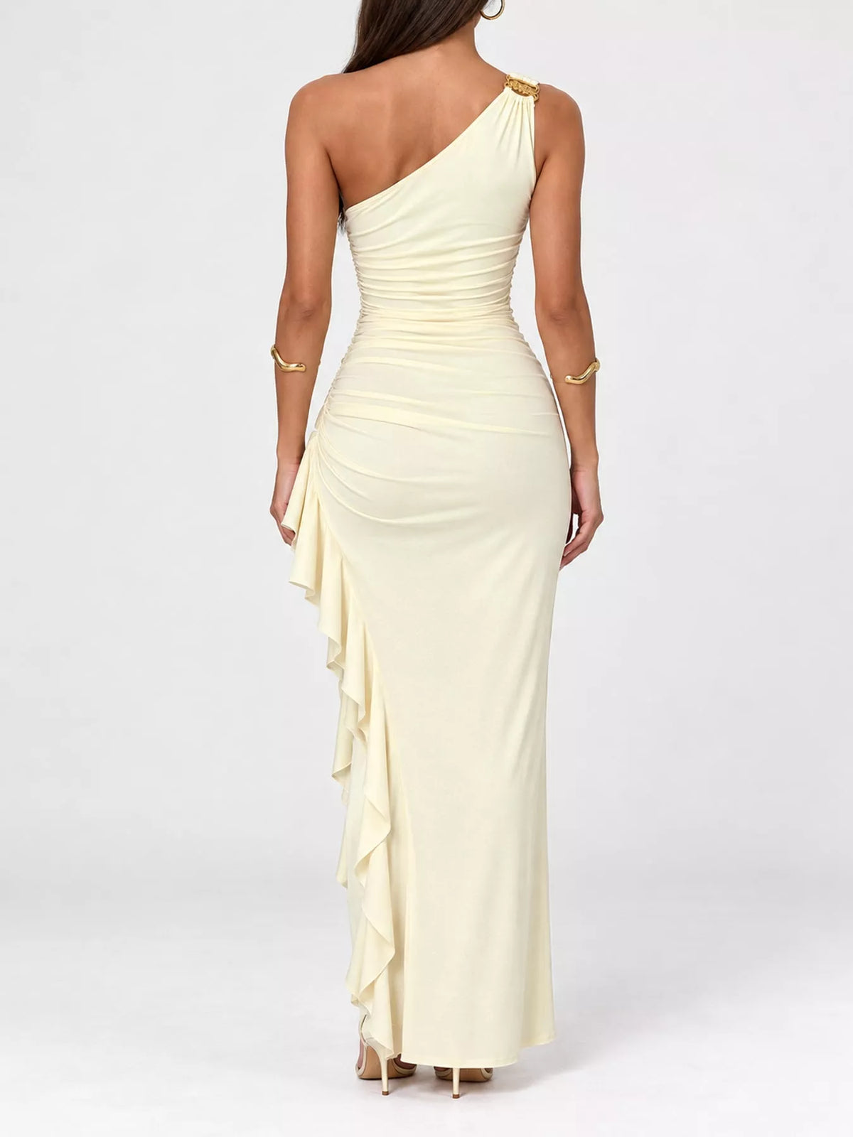 Cream one shoulder ruched ruffle hem maxi dress, back view