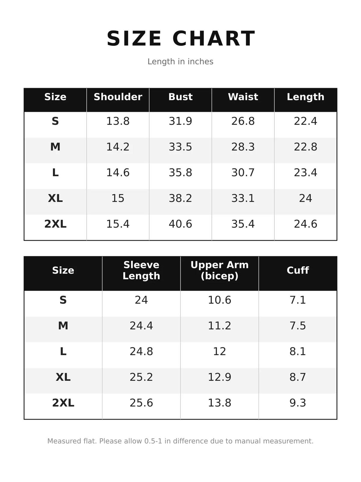 Size and measurement chart for long-sleeve top