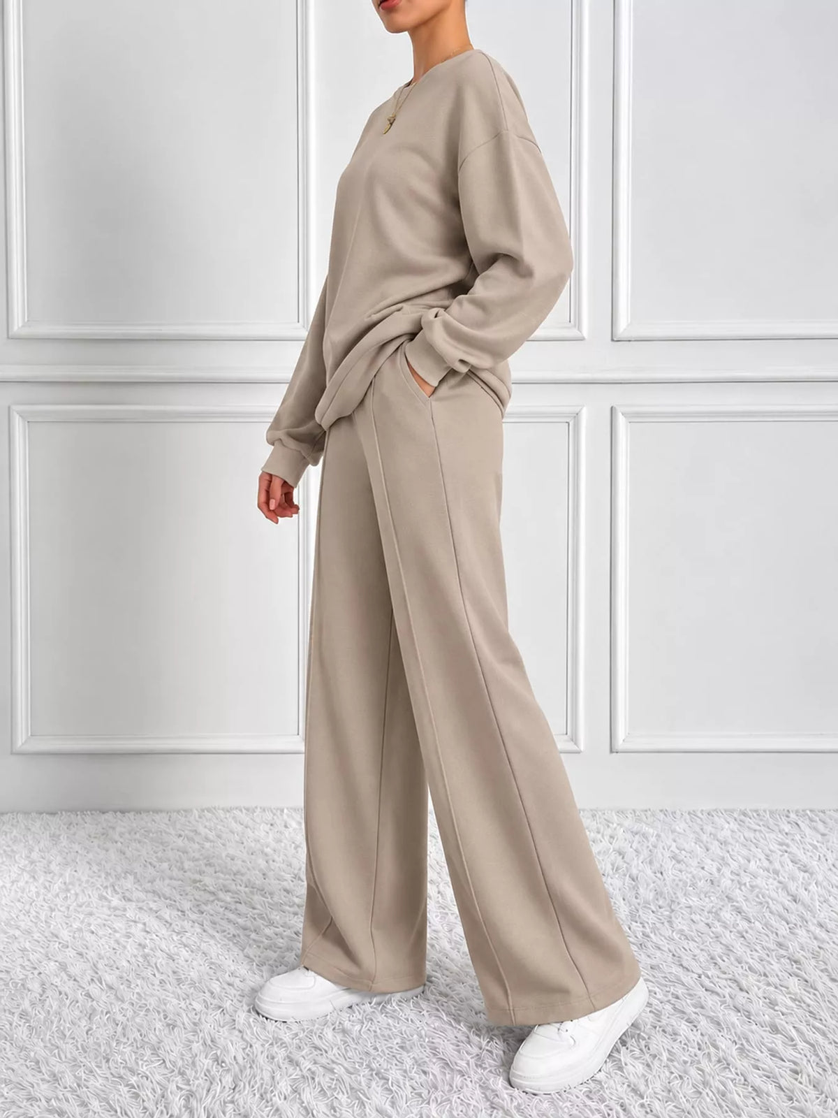 Taupe oversized sweatshirt and wide-leg pants set — side view