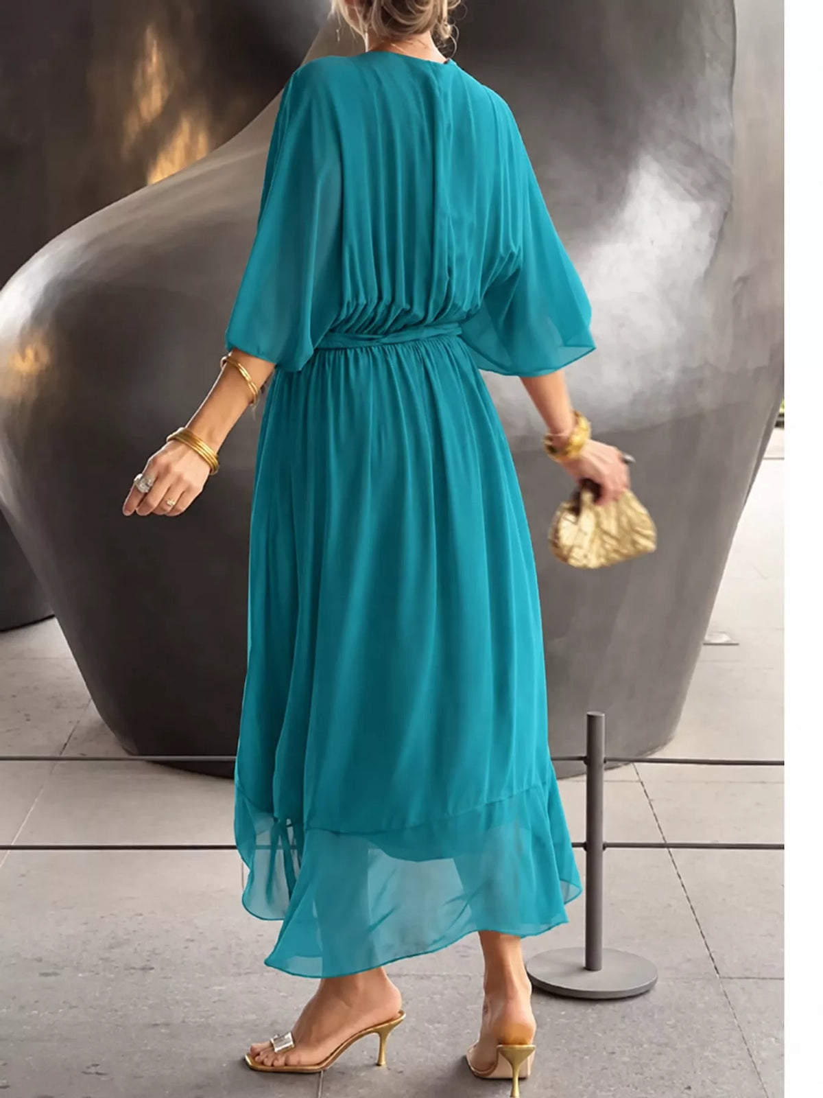 Teal batwing sleeve wrap dress with waist tie, back view