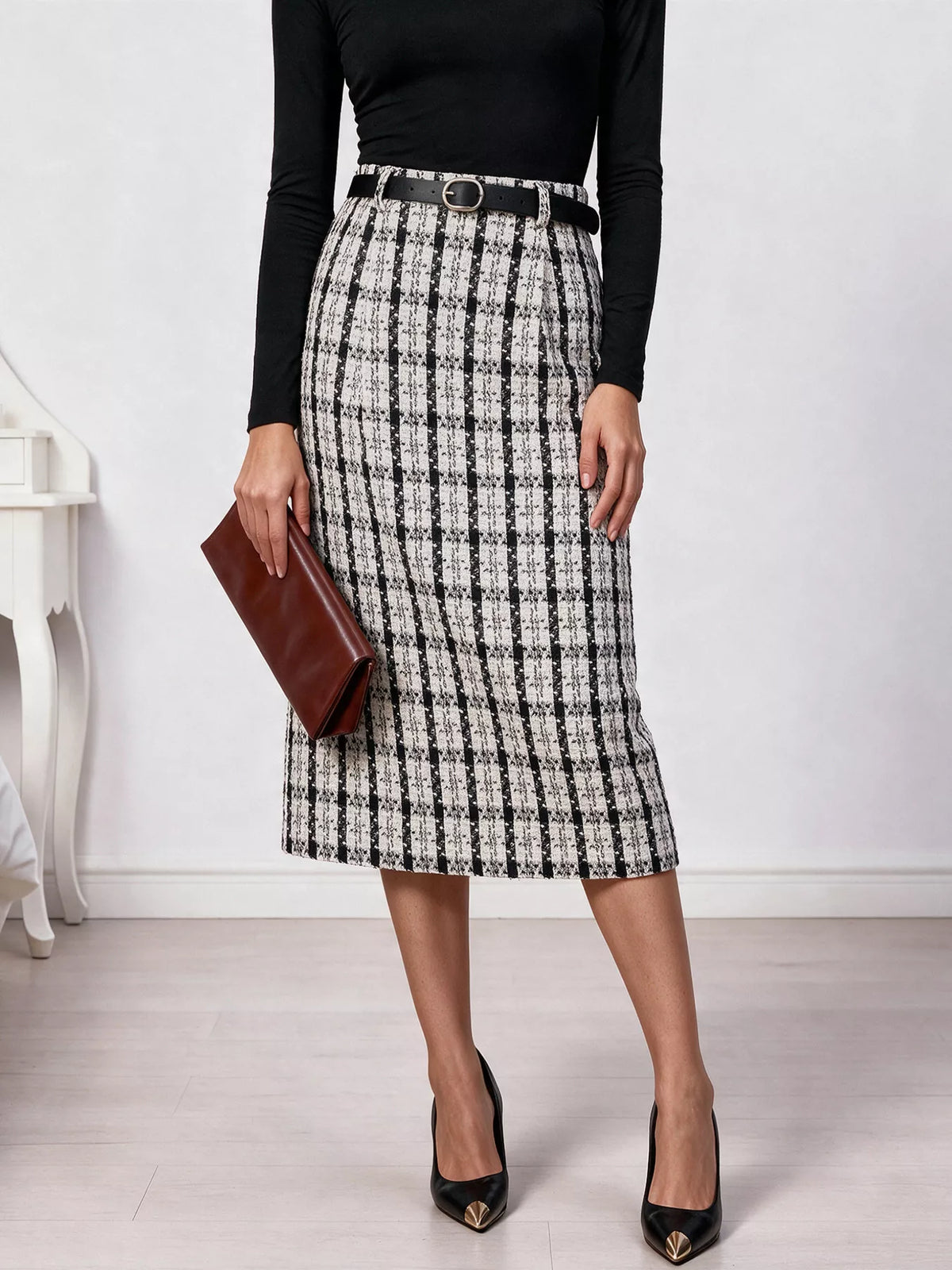 Black and white plaid midi skirt, front view