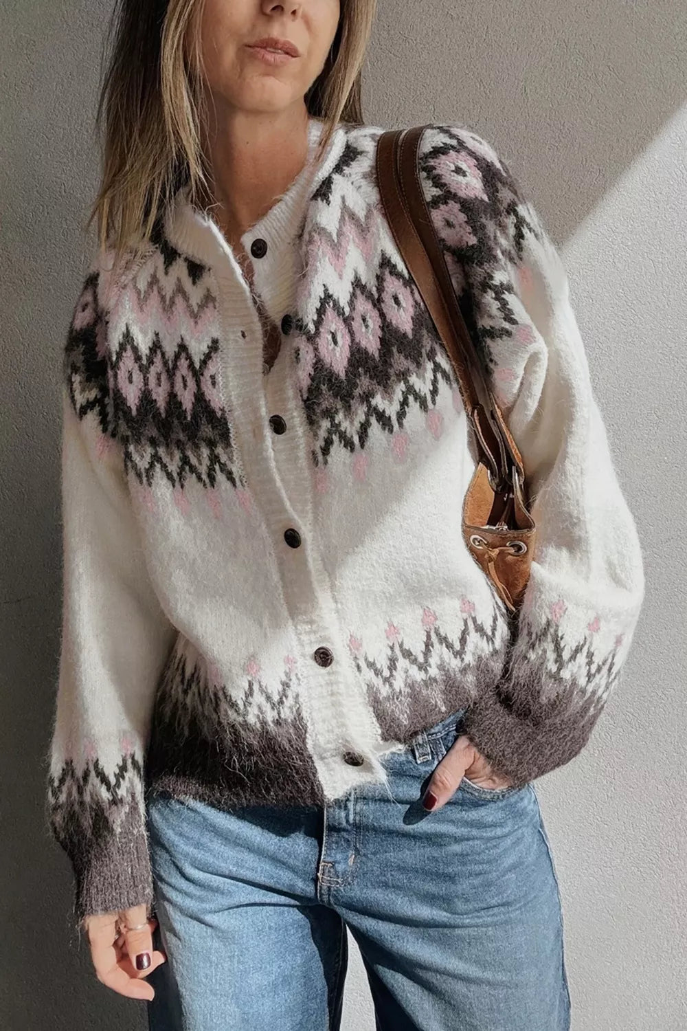 Trendsi Geometric Pattern Brushed Knit Button Cardigan -