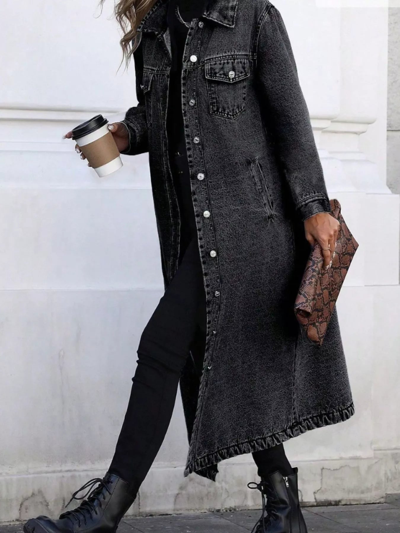 Trendsi Longline Button-Front Denim Jacket -