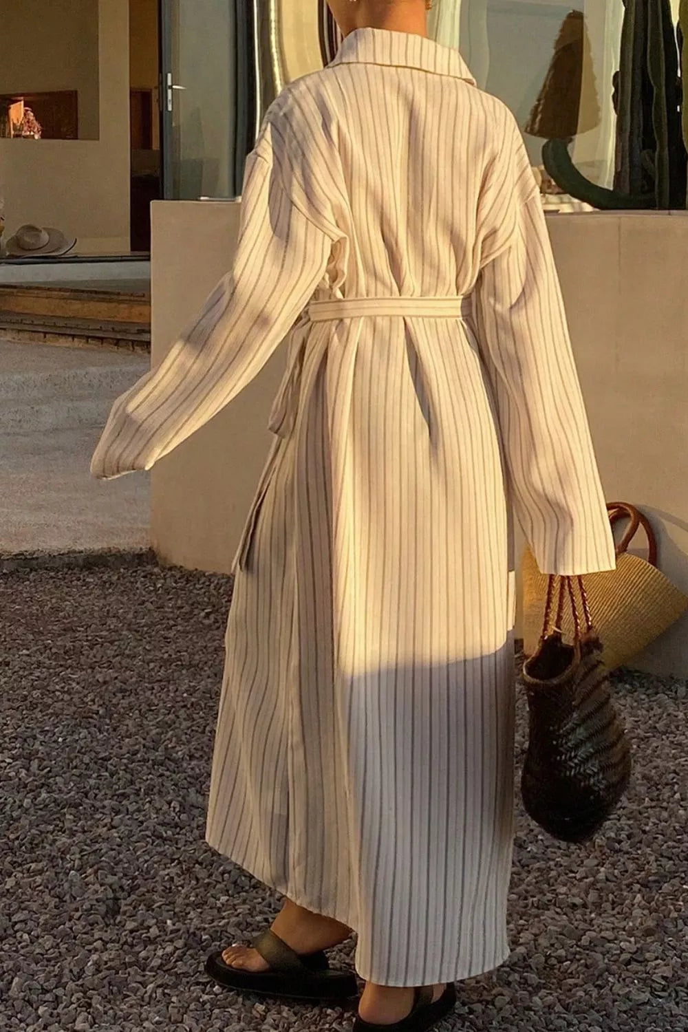 Striped button-down shirt dress with waist tie