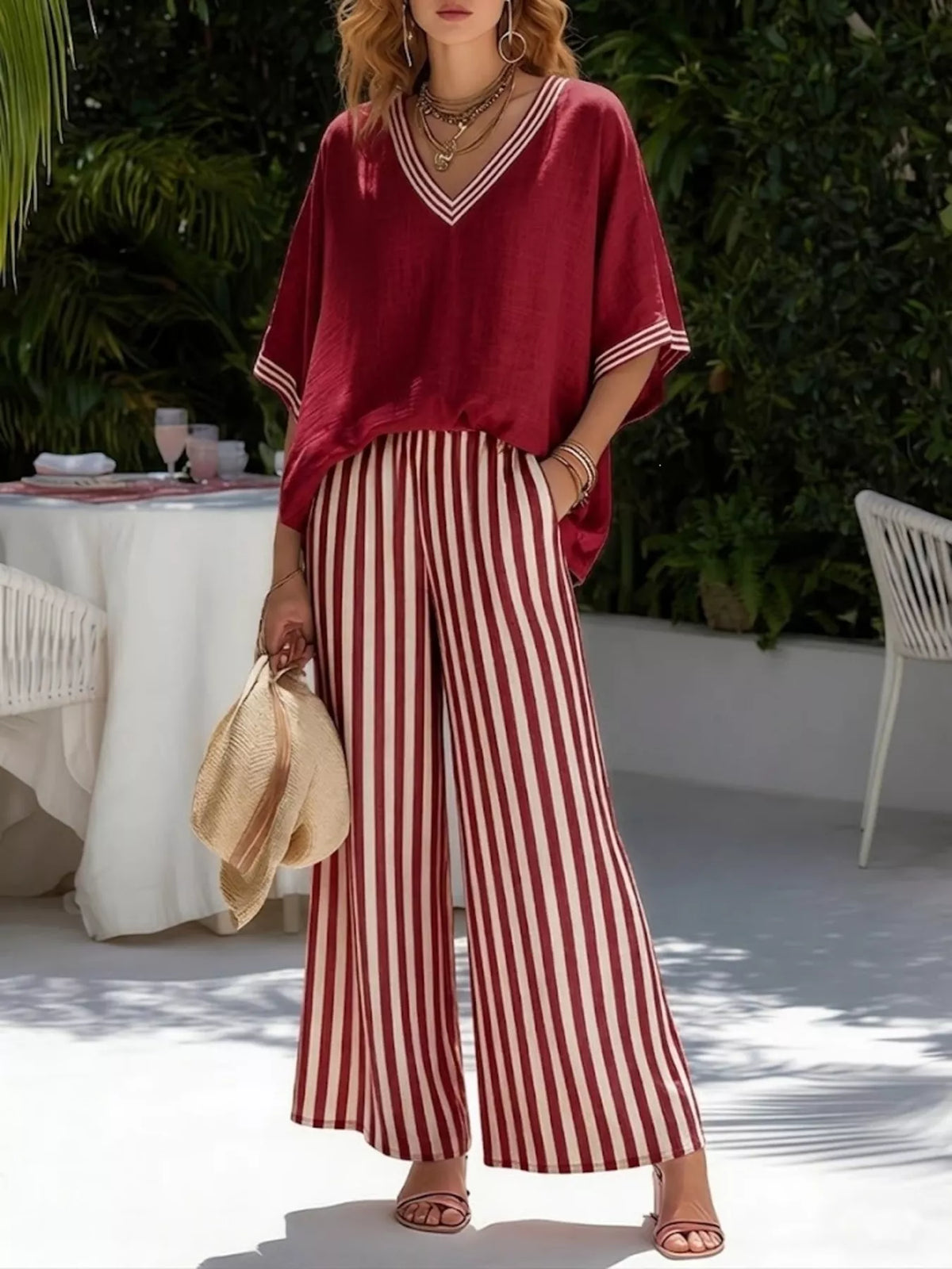 Burgundy v-neck striped top and pants two-piece set — front view