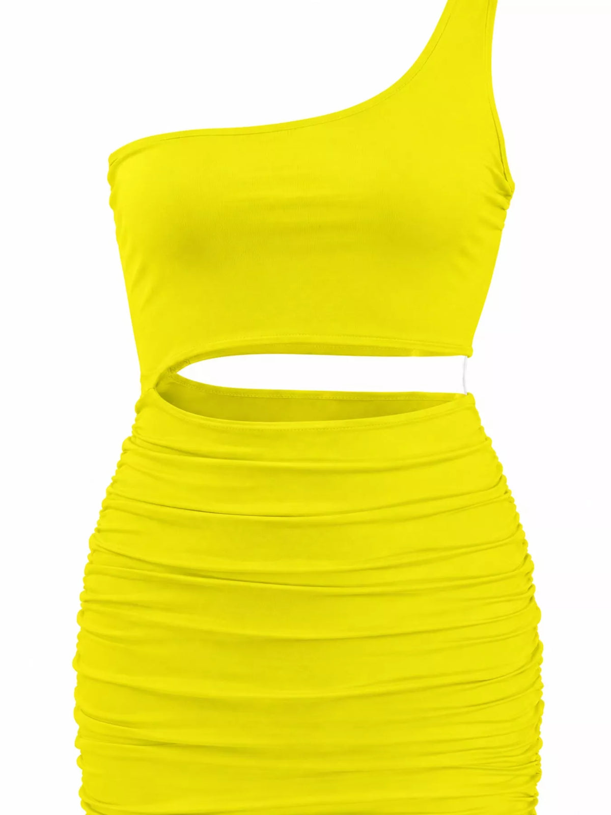 One-shoulder cutout dress, bright yellow flat lay