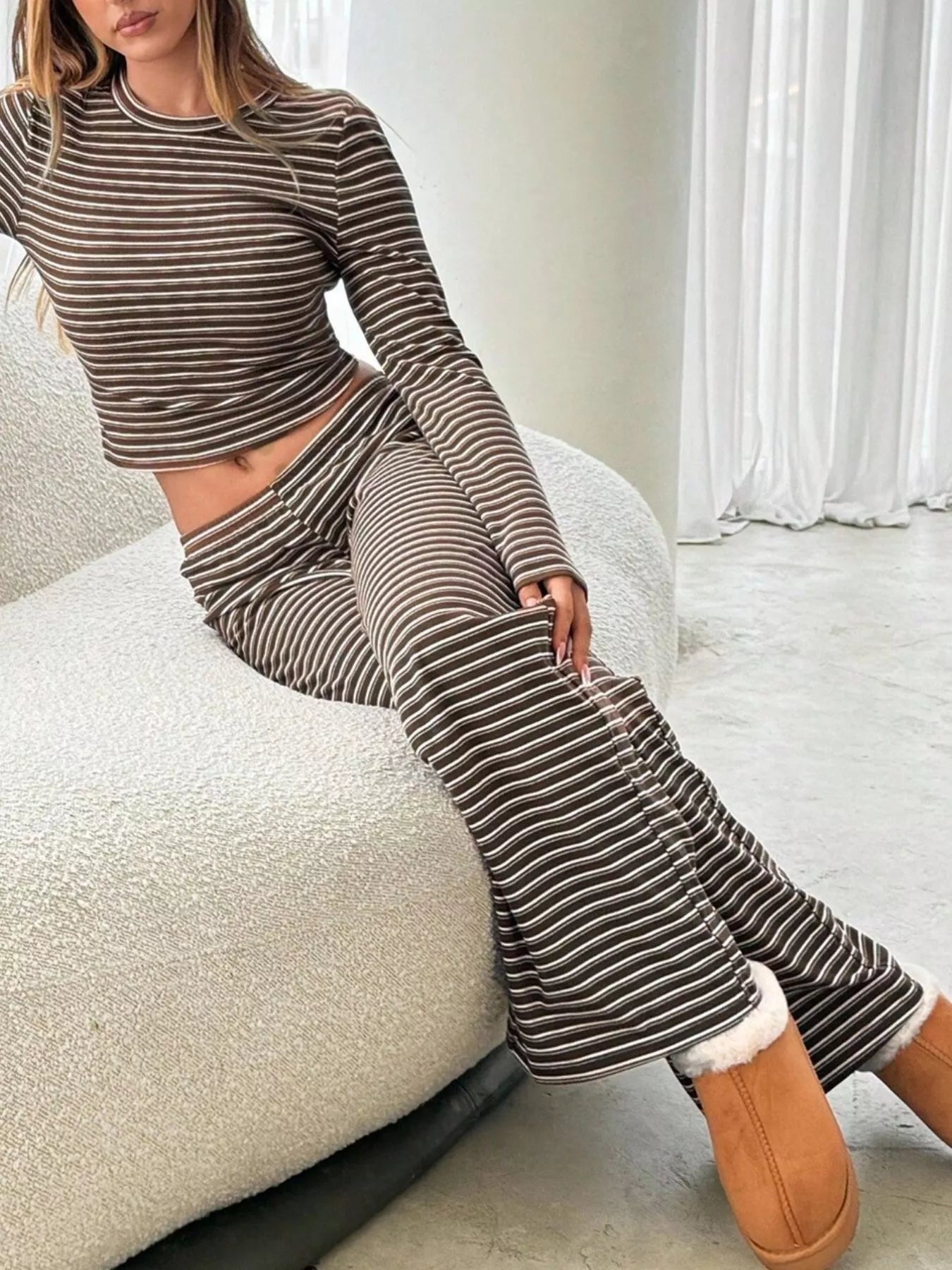 Trendsi Striped Long Sleeve Crop Top and Wide Leg Pants Two-Piece Set -
