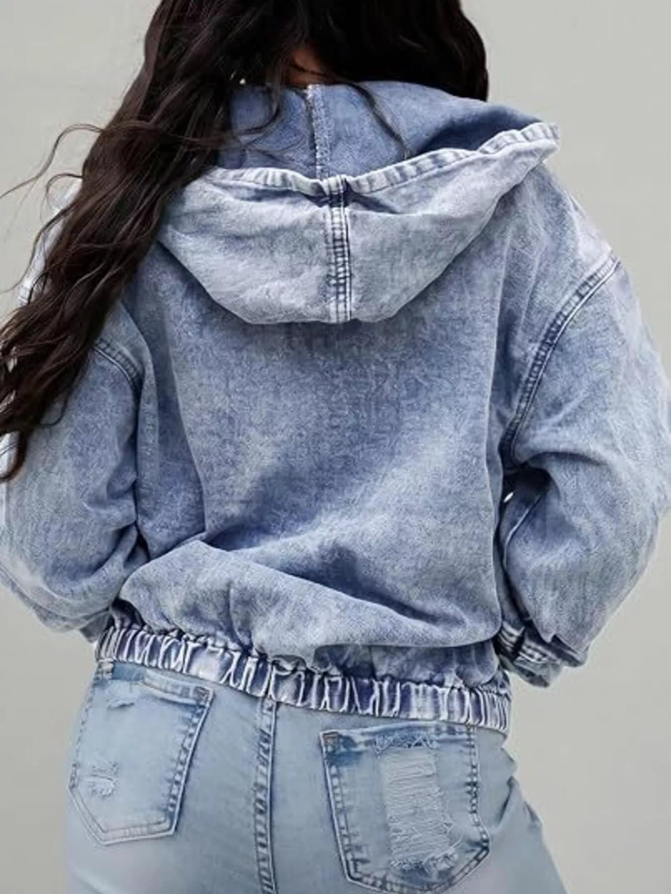 Trendsi Vintage Washed Zip Up Hooded Denim Jacket -