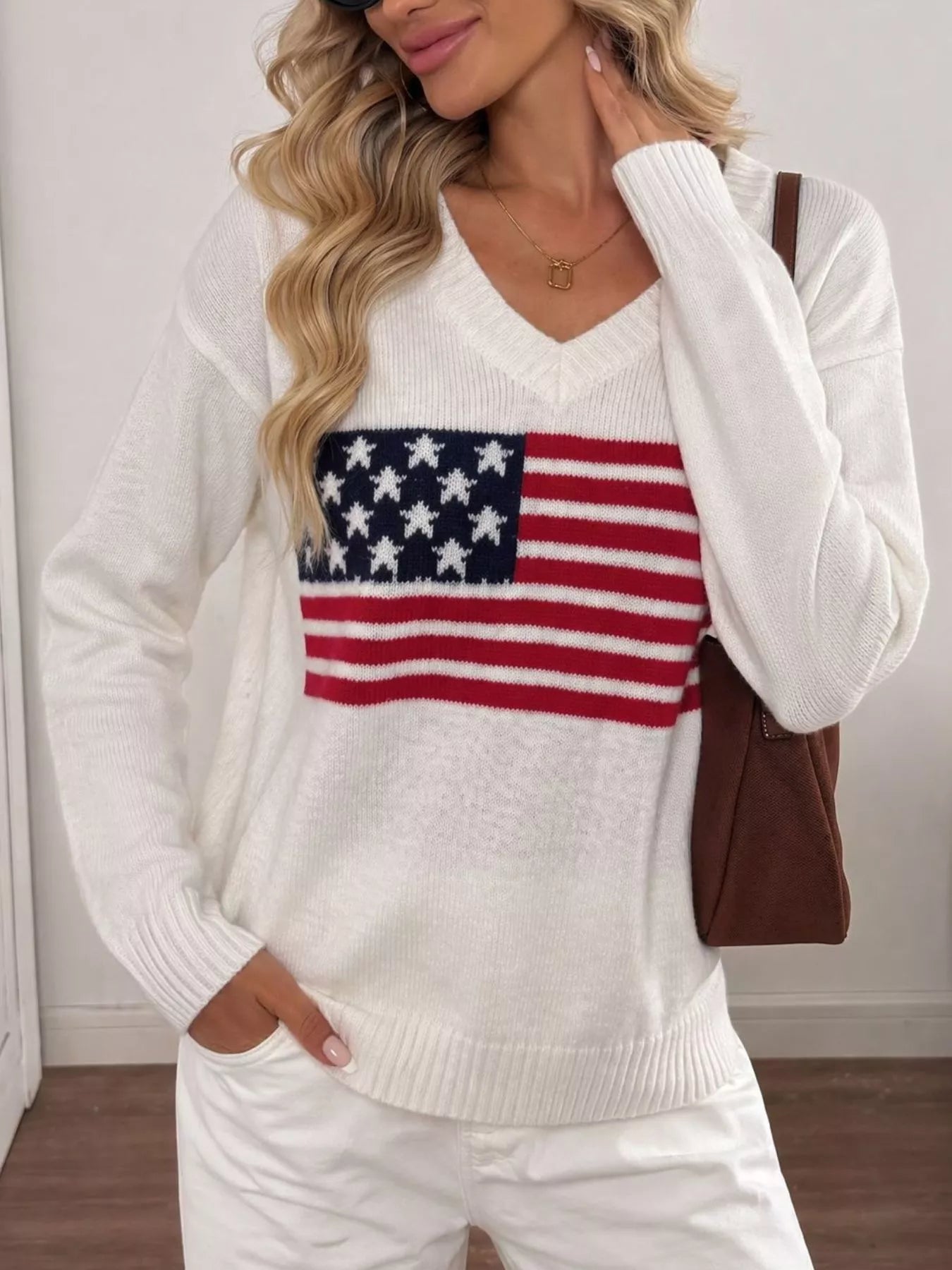 Trendsi American Flag V-Neck Knit Top -
