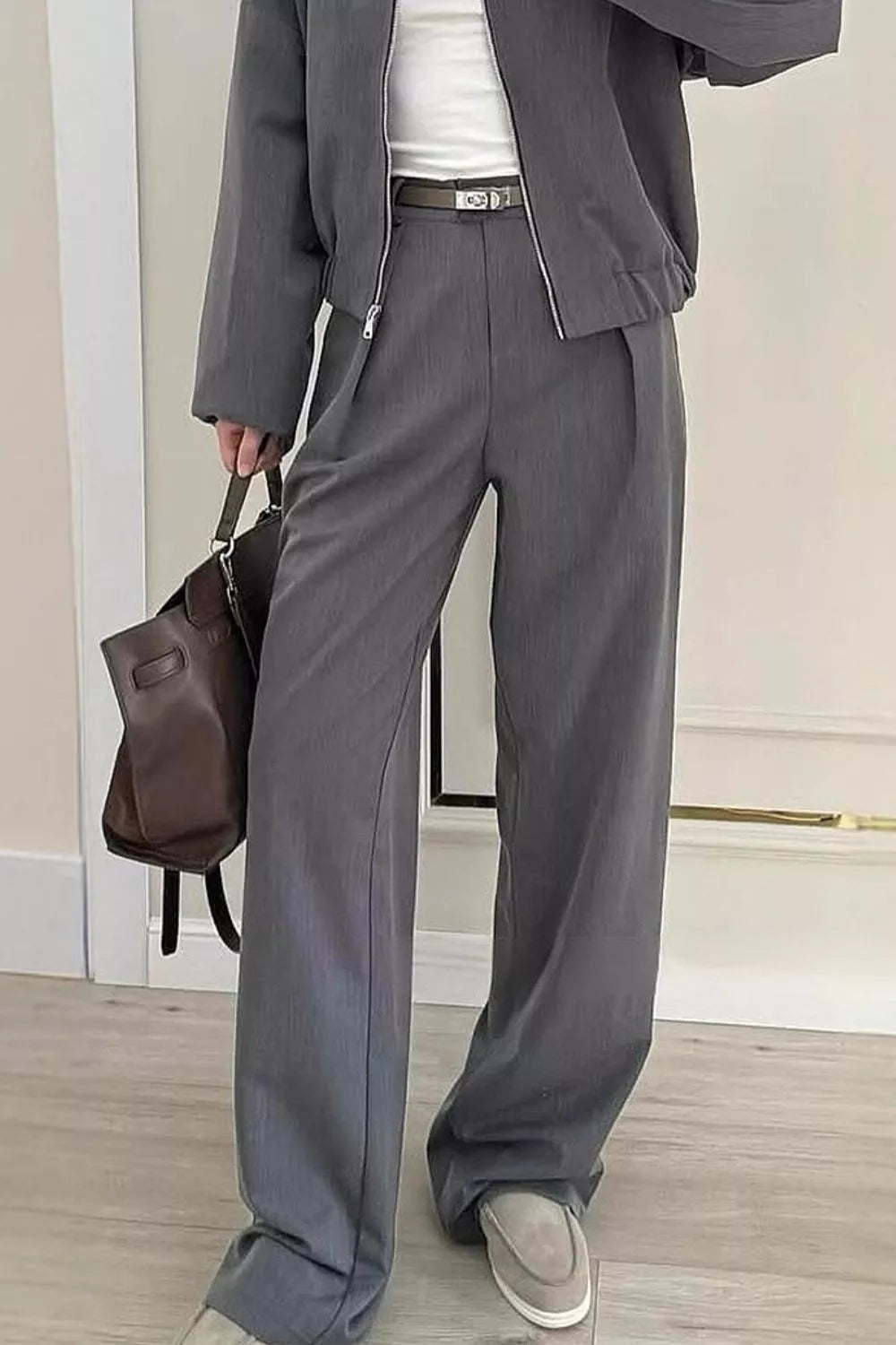 Trendsi Zip-Up Jacket and Wide-Leg Pants Set -