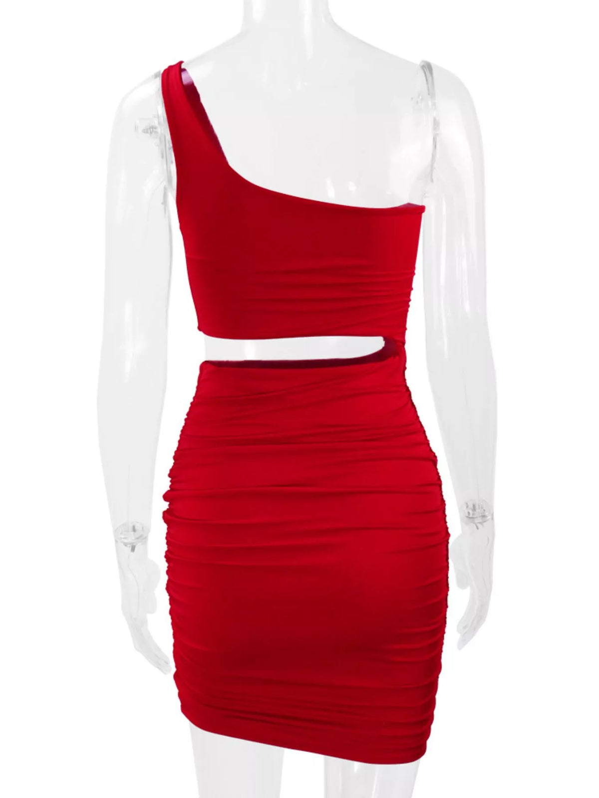 One-shoulder cutout dress, red mannequin back