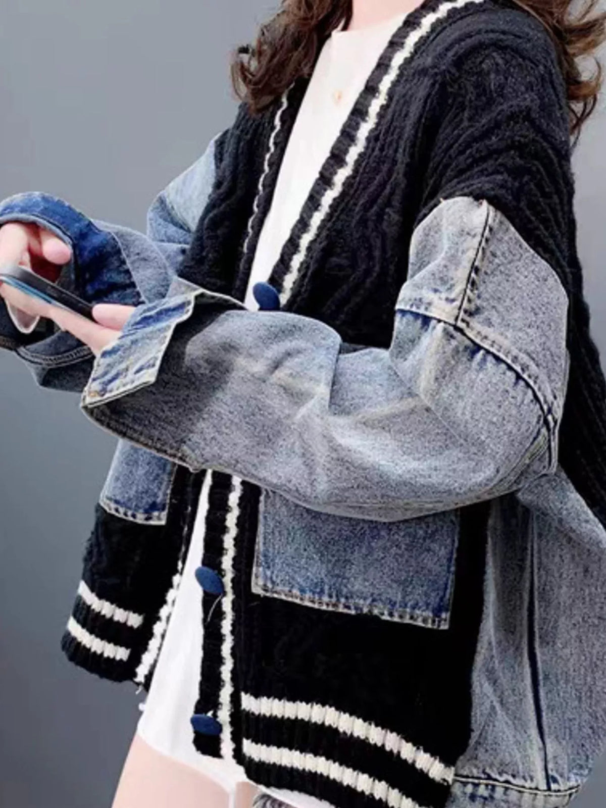 Contrast Denim Patchwork Cable Knit Cardigan, detail view in black and blue
