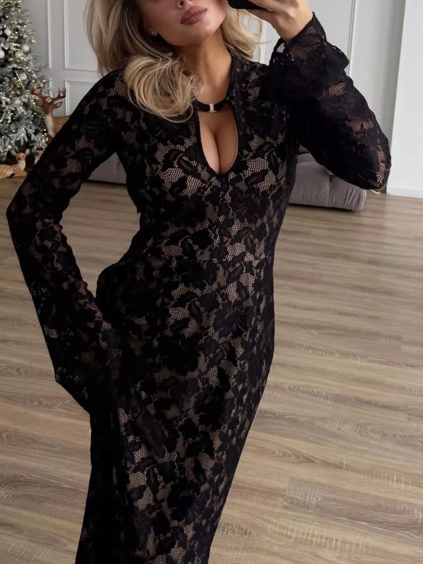 Trendsi Lace Long-Sleeve Bodycon Maxi Dress -