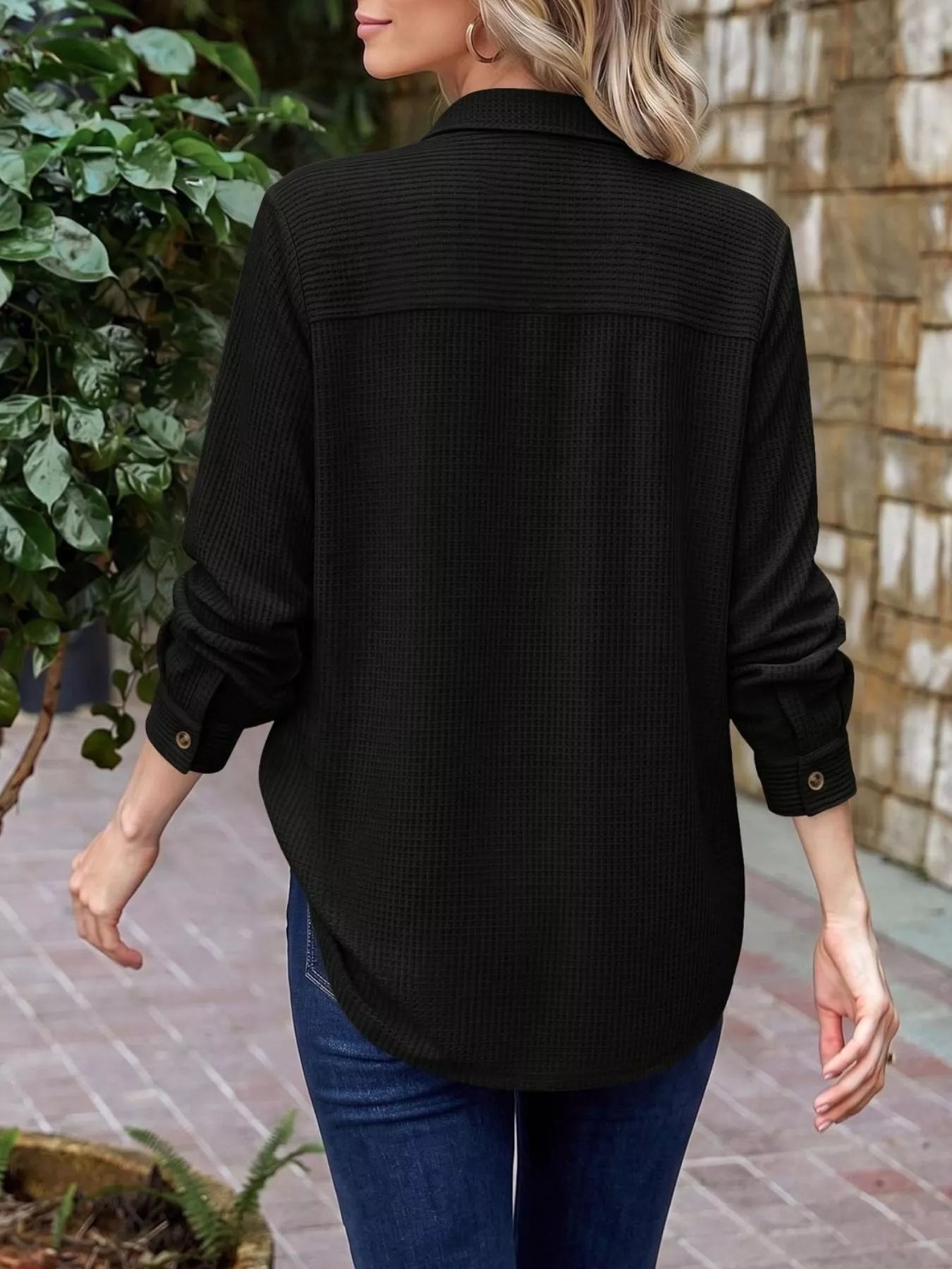Trendsi Waffle Knit Button-Down Long Sleeve Shirt -