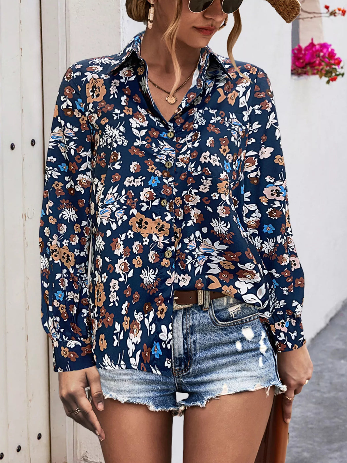 Printed Button-Down Long Sleeve Shirt in navy, floral front view