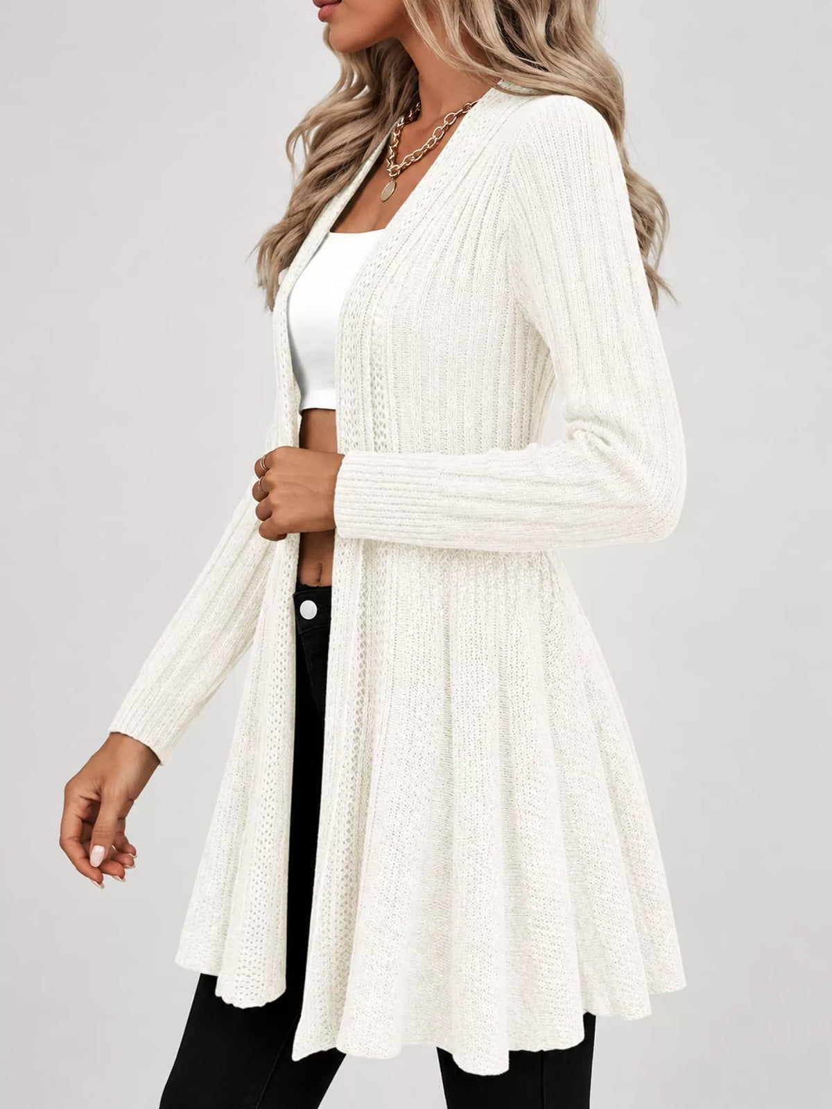 Off White ribbed knit open front flared cardigan