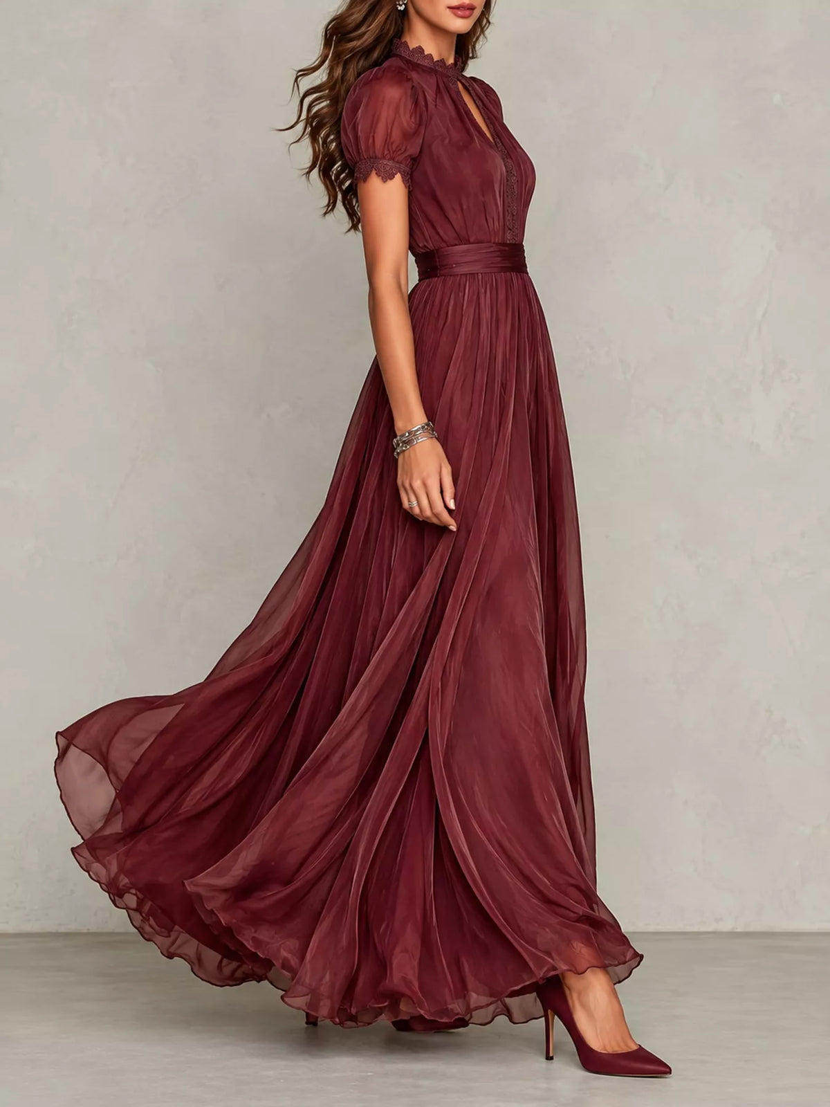 Lace Puff Sleeve Maxi Dress in burgundy, side view