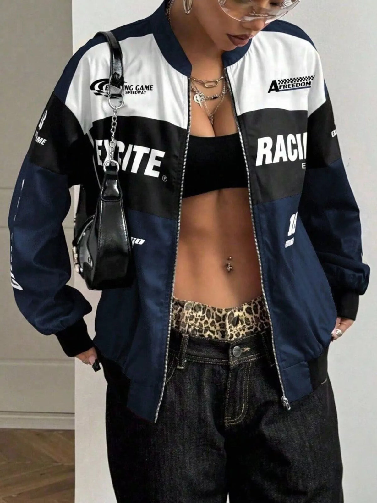 Navy and white letter-print zip-front jacket, open front mirror view