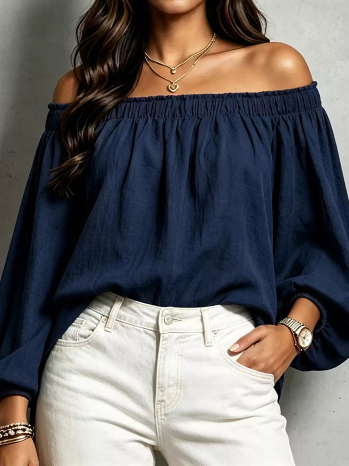 Dark Navy off-shoulder long sleeve blouse