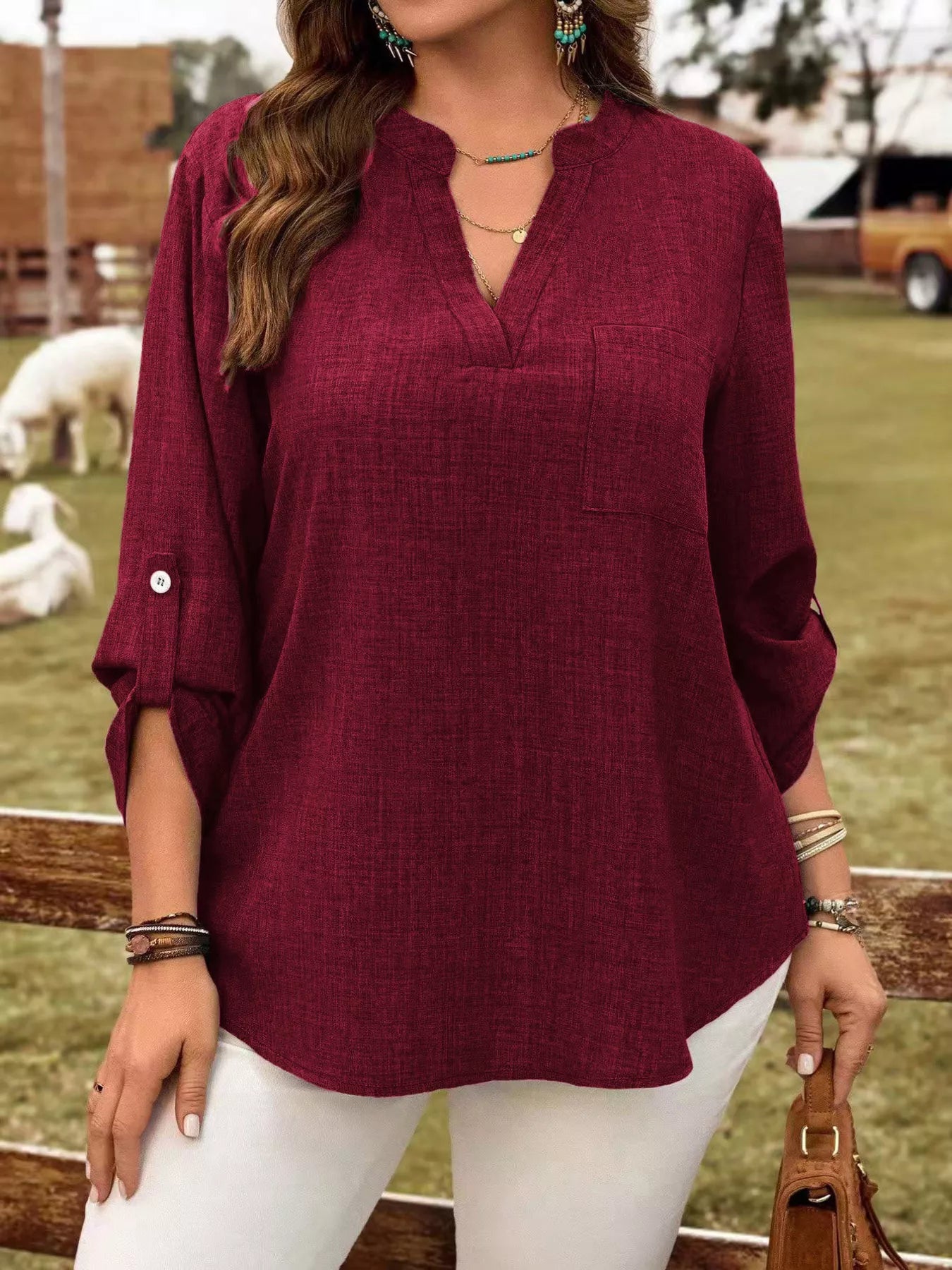 Trendsi Plus Size Notched Roll-Tab Sleeve Casual Blouse -