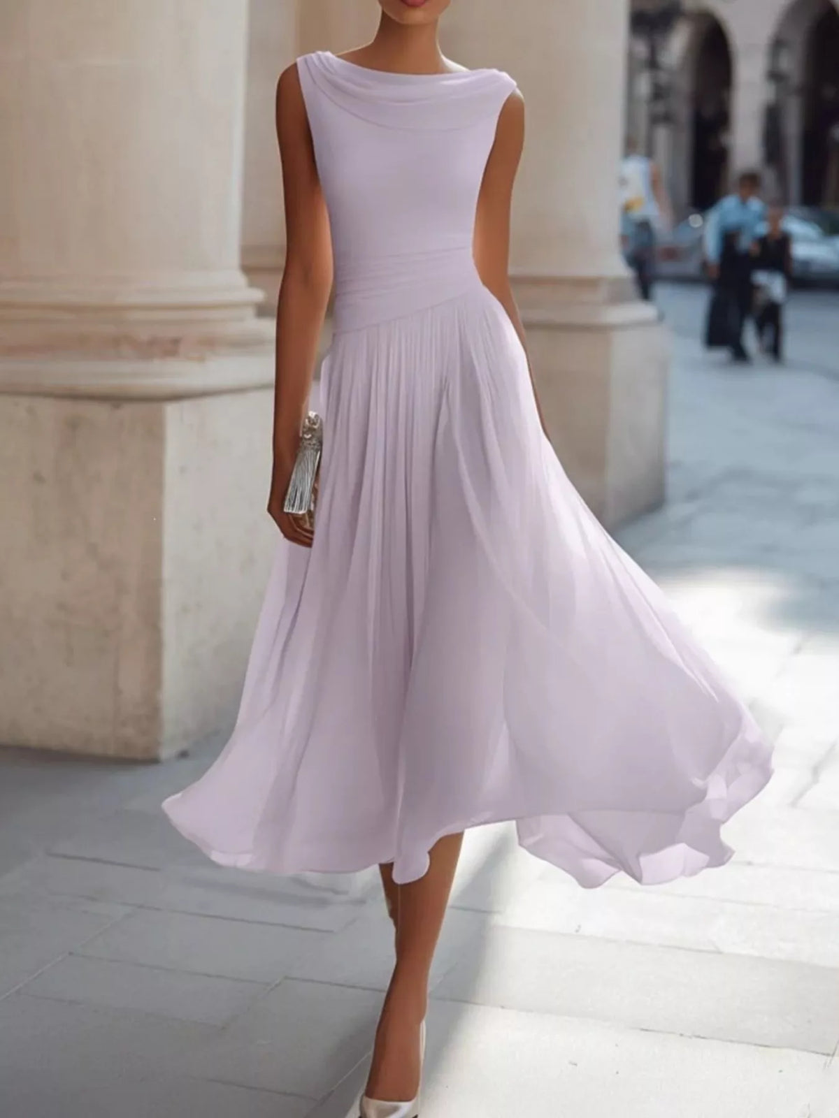 Purple sleeveless boat neck midi dress — front view