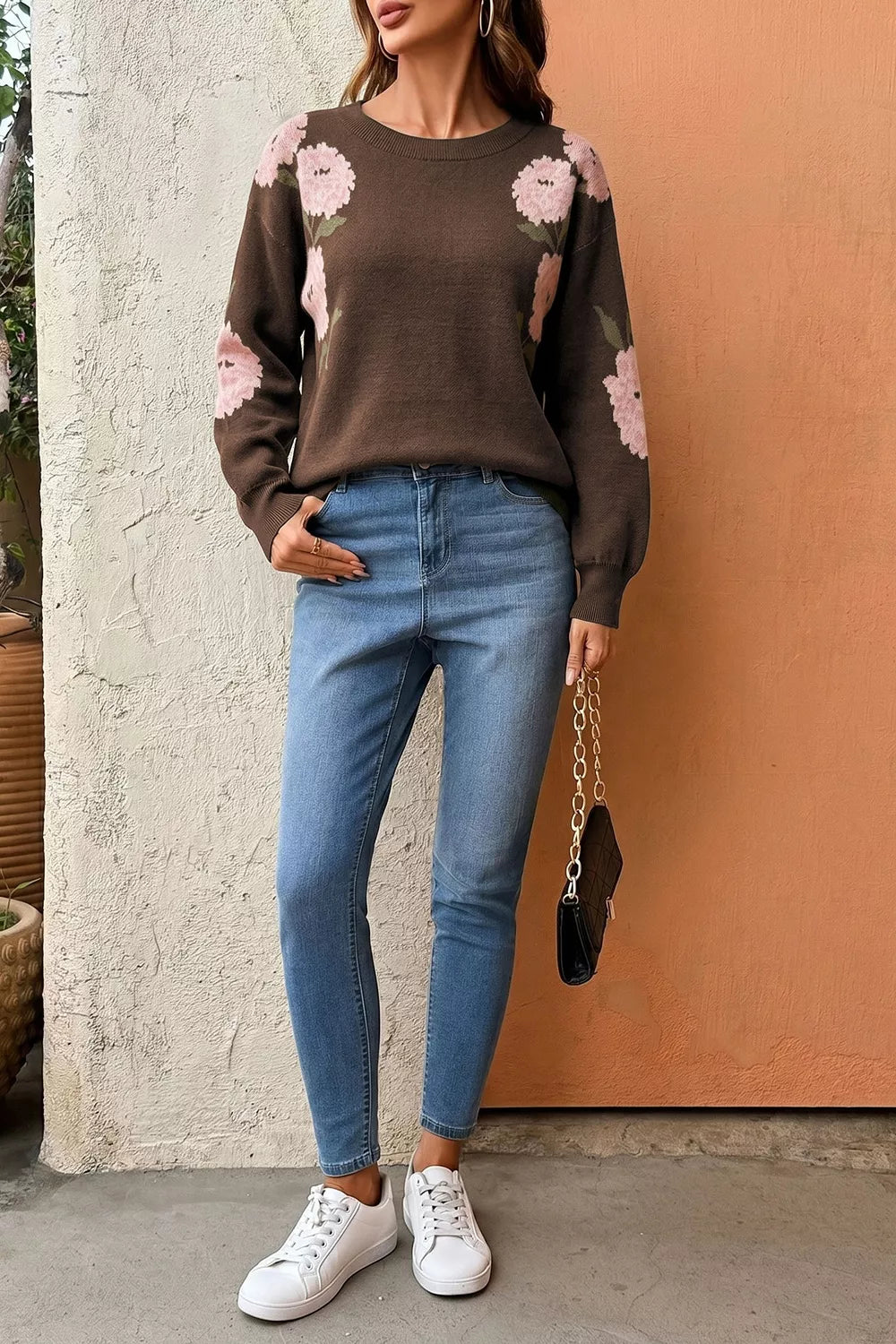 Trendsi Floral Print Drop Shoulder Relaxed Sweater -