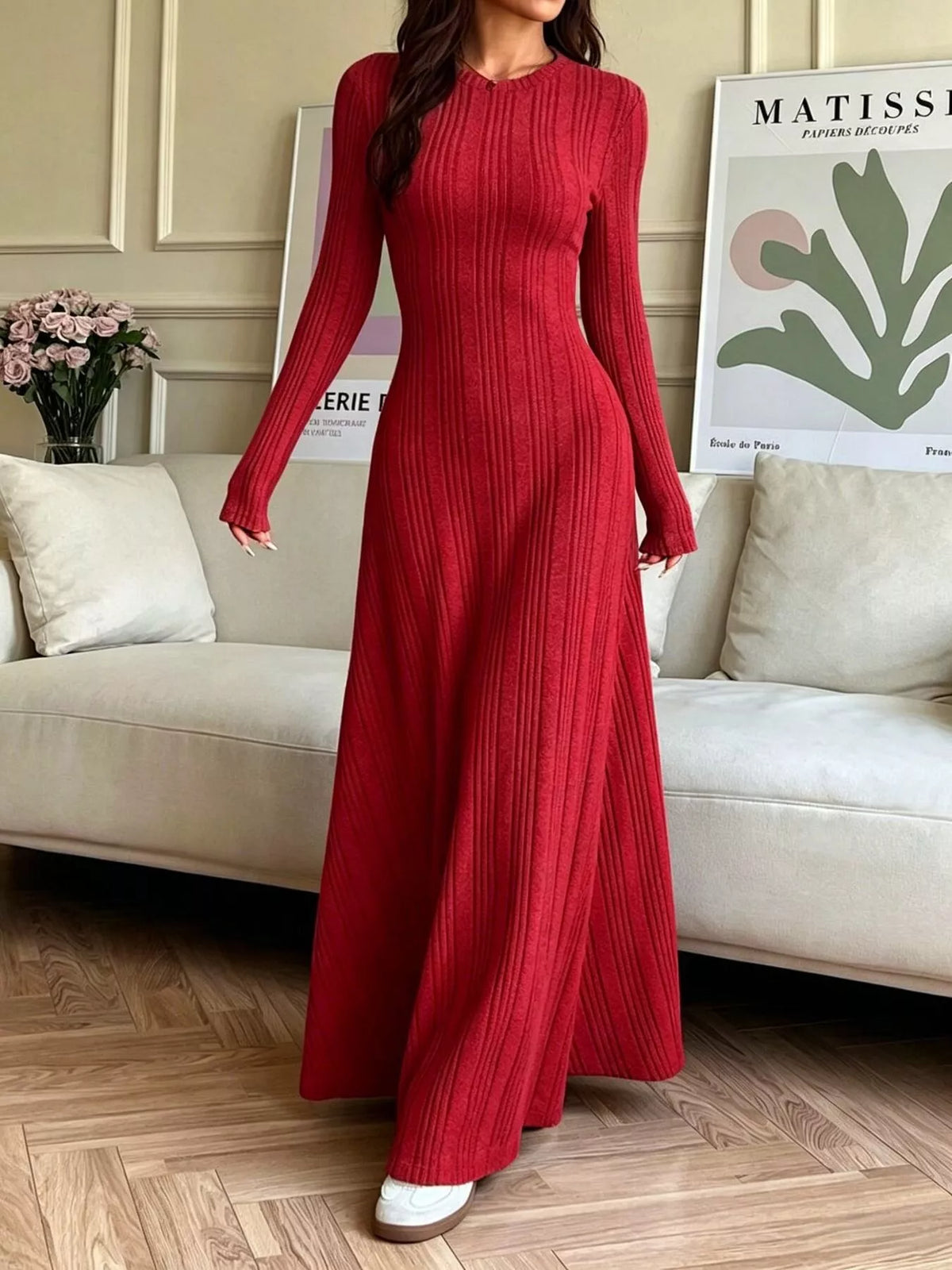 Red ribbed long-sleeve dress, front view