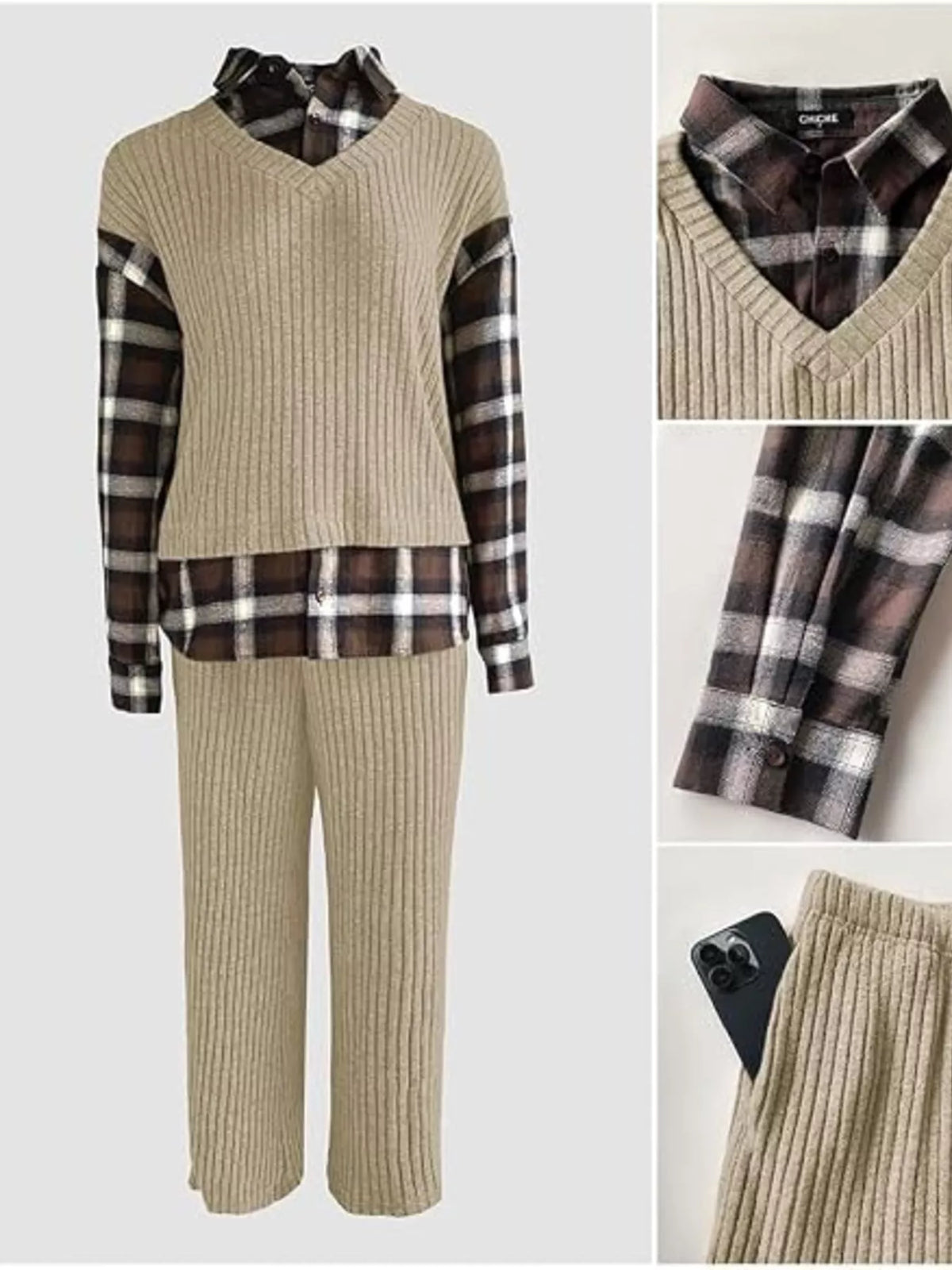 Trendsi Ribbed Knit Plaid Sleeve Top & Pants Set -