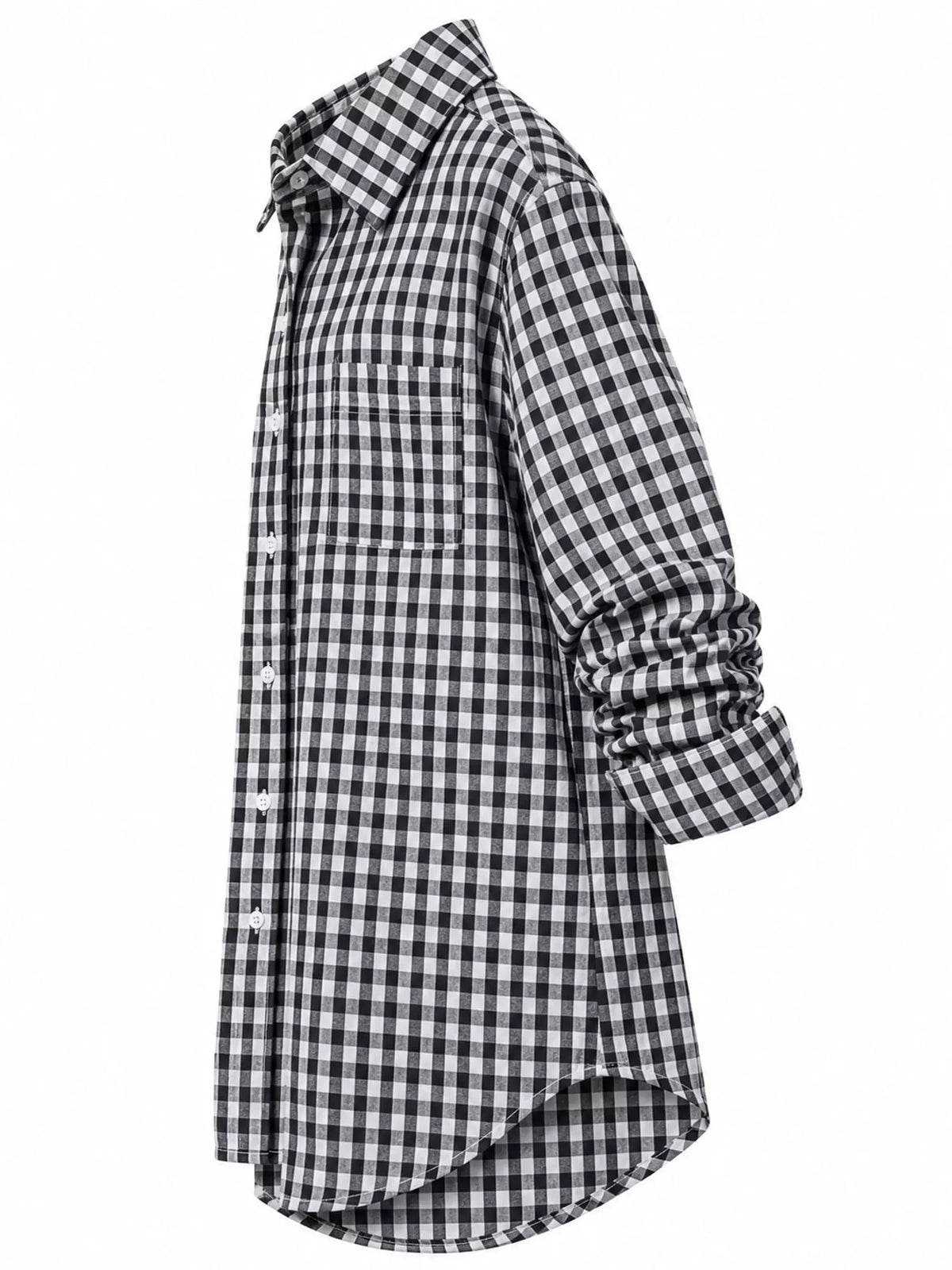 Black and white plaid button-down shirt, side view