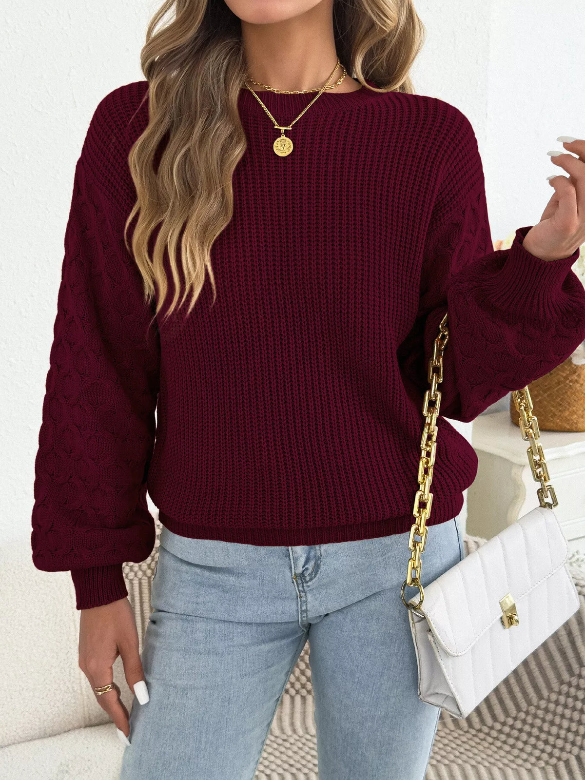 Burgundy textured dropped shoulder sweater