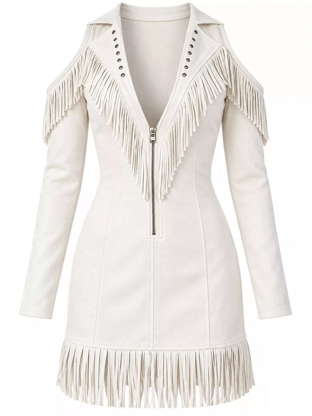 Fringed cold-shoulder dress, white fringe and zip front